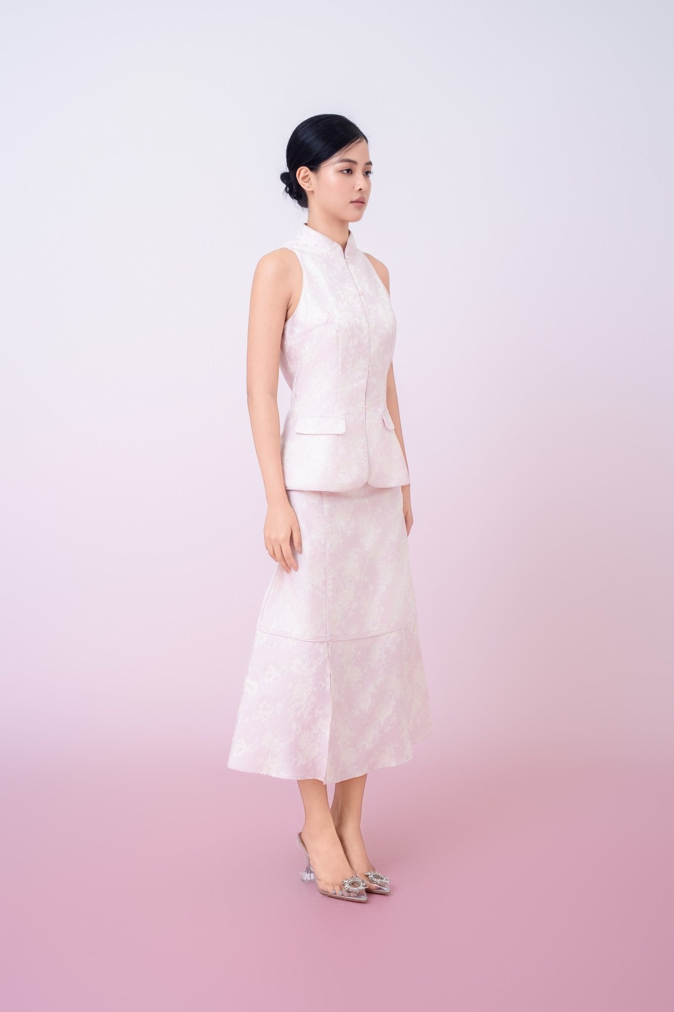 Joela Light Pink Jacquard With Cream Floral Drop Waist Skirt - Nimisski