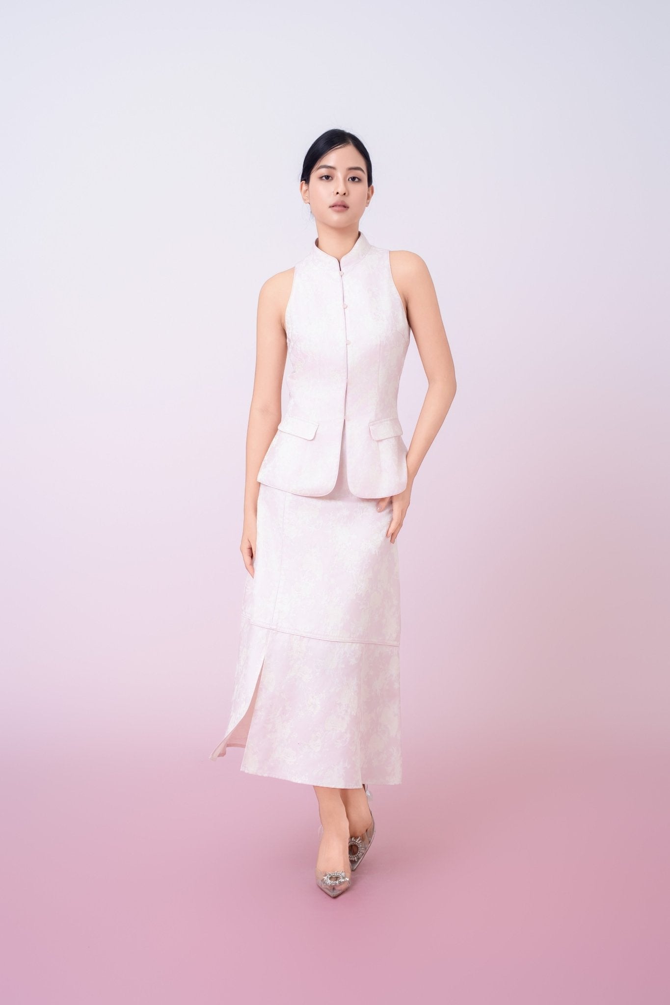 Joela Light Pink Jacquard With Cream Floral Drop Waist Skirt - Nimisski