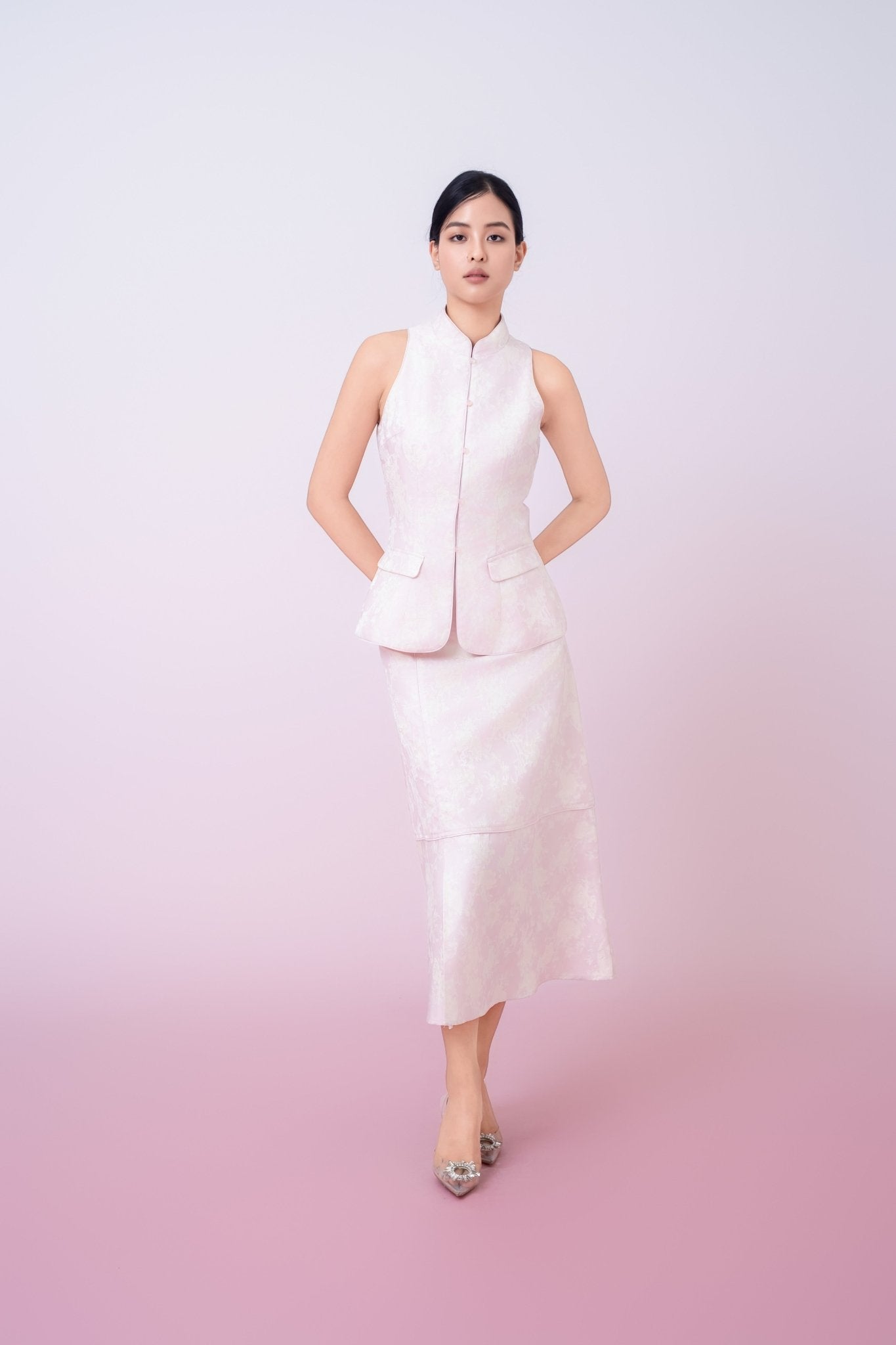 Joela Light Pink Jacquard With Cream Floral Drop Waist Skirt - Nimisski