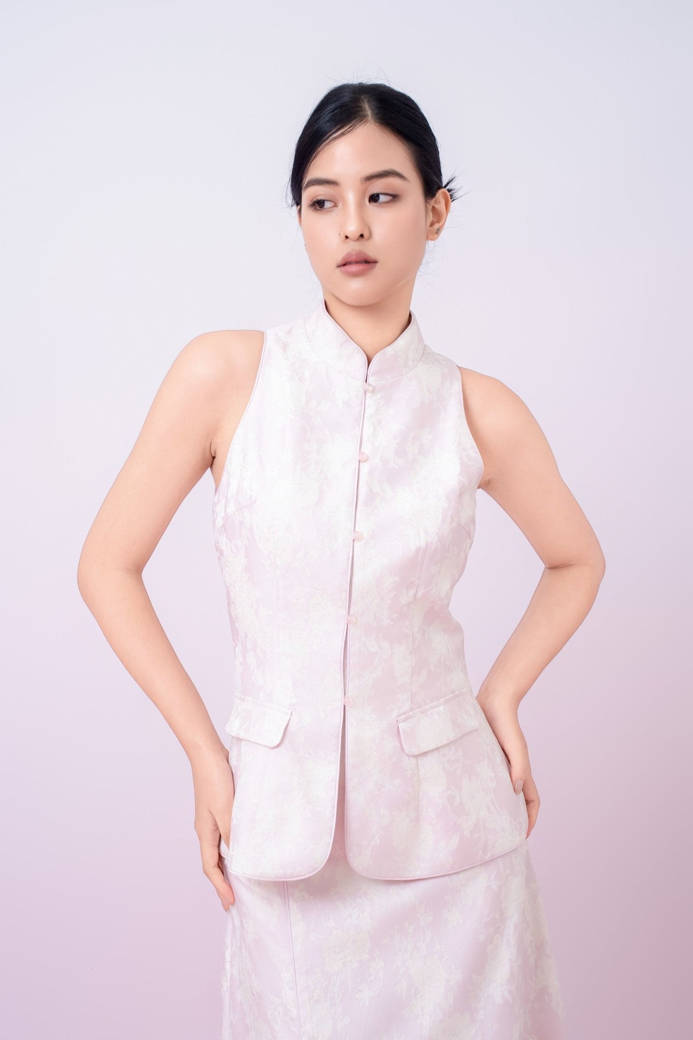 Joela Light Pink Jacquard With Cream Floral Cheongsam Top - Nimisski