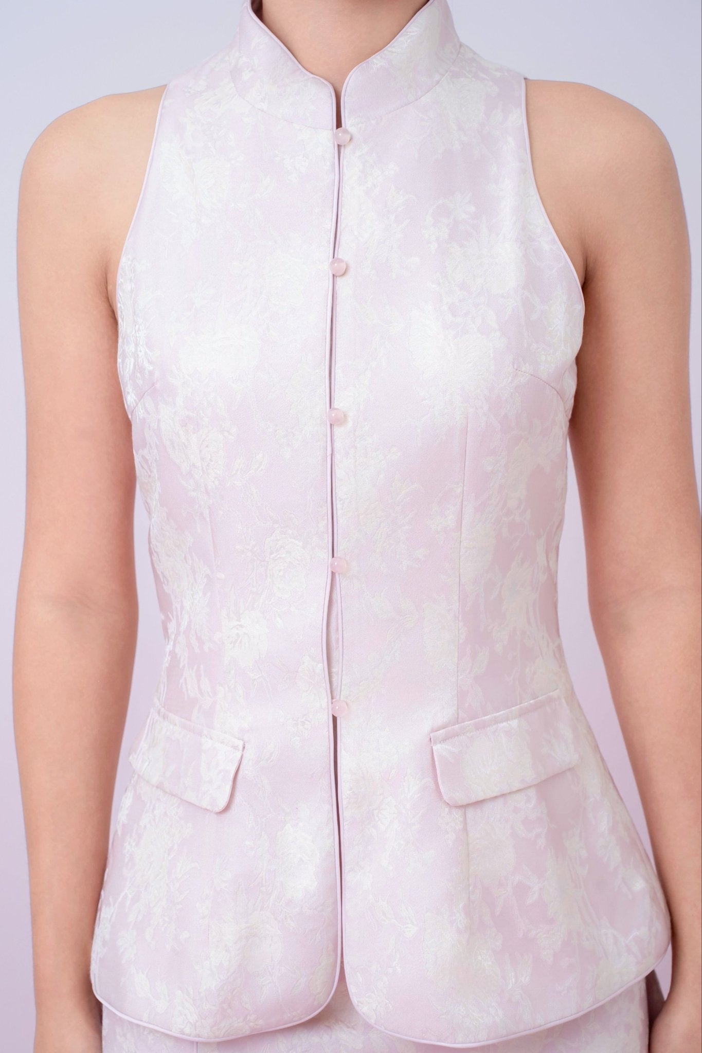 Joela Light Pink Jacquard With Cream Floral Cheongsam Top - Nimisski