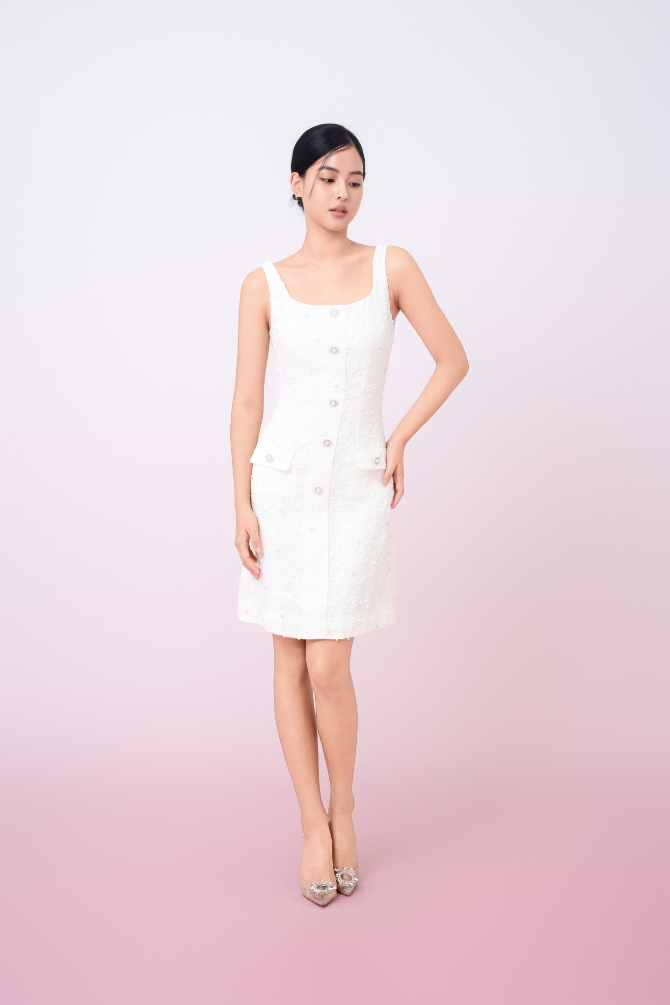 Joelynn Ivory Tweed With Embroidered Front Button Dress - Nimisski