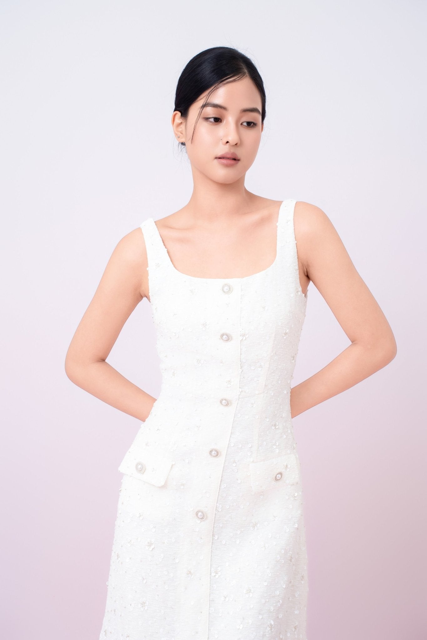 Joelynn Ivory Tweed With Embroidered Front Button Dress - Nimisski