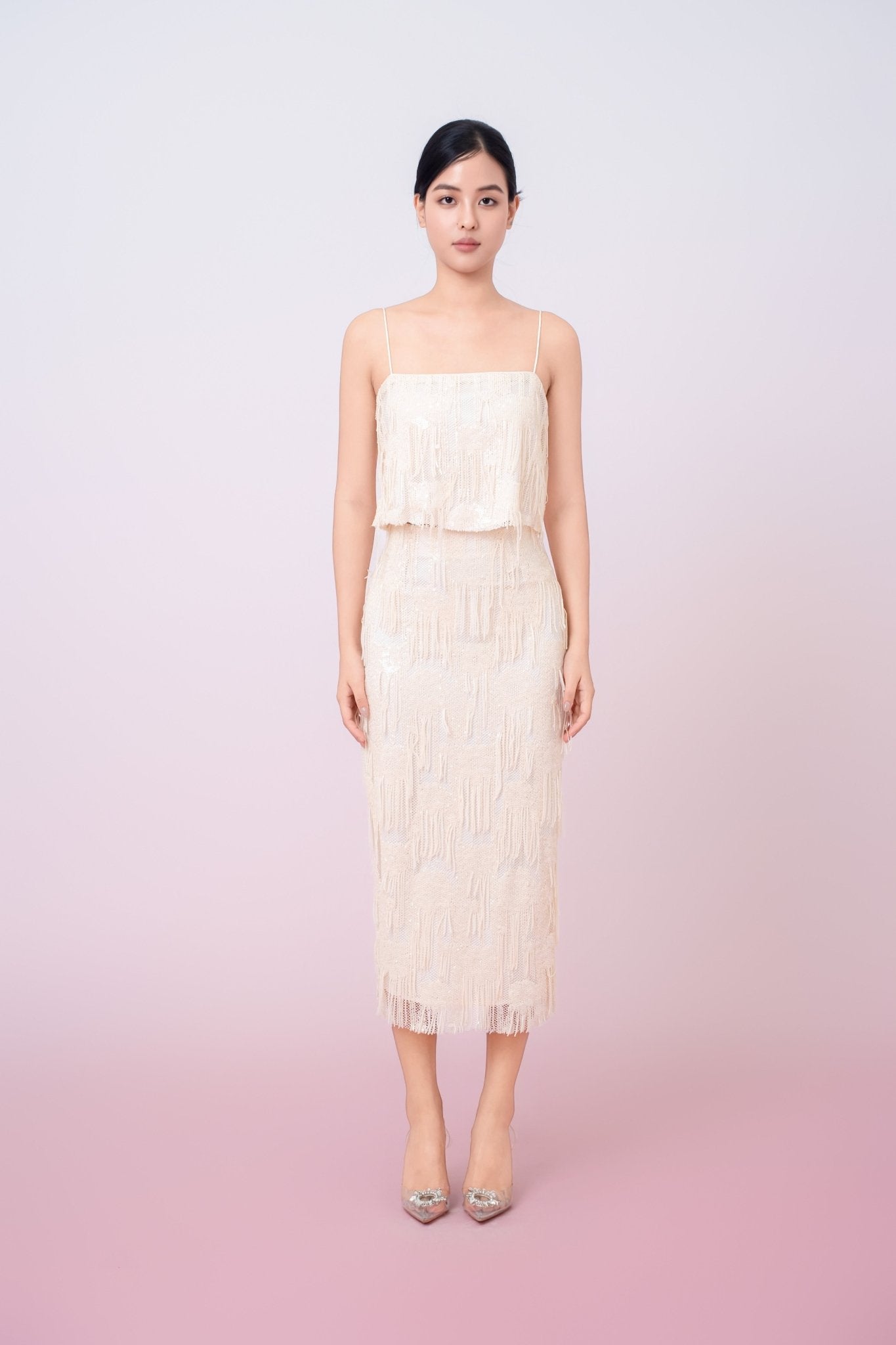 Gabriellen Beige Fringe Pencil Skirt - Nimisski