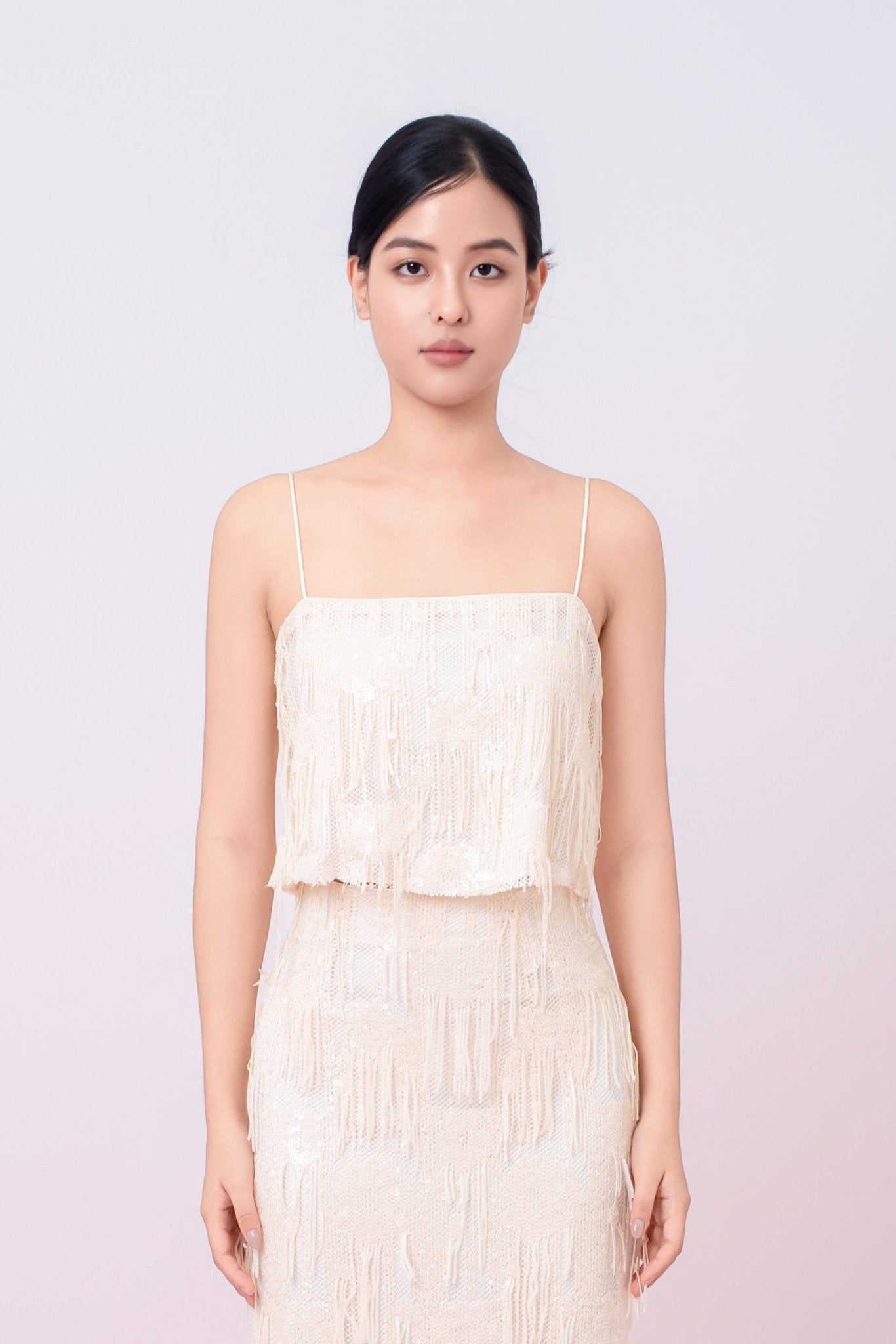 Gabriellen Beige Fringe Spaghetti Top - Nimisski