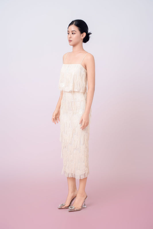 Gabriellen Beige Fringe Pencil Skirt - Nimisski