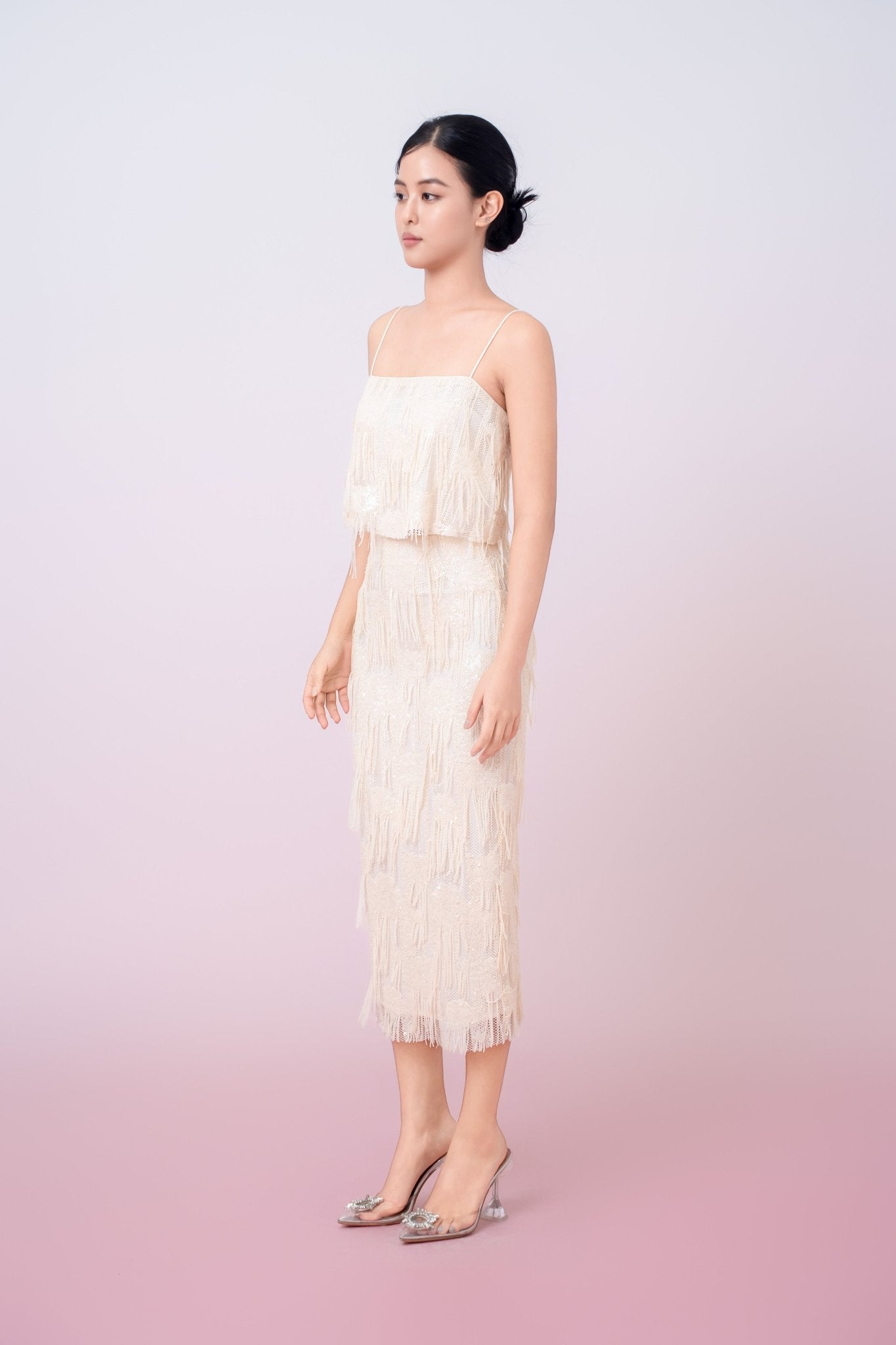 Gabriellen Beige Fringe Spaghetti Top - Nimisski