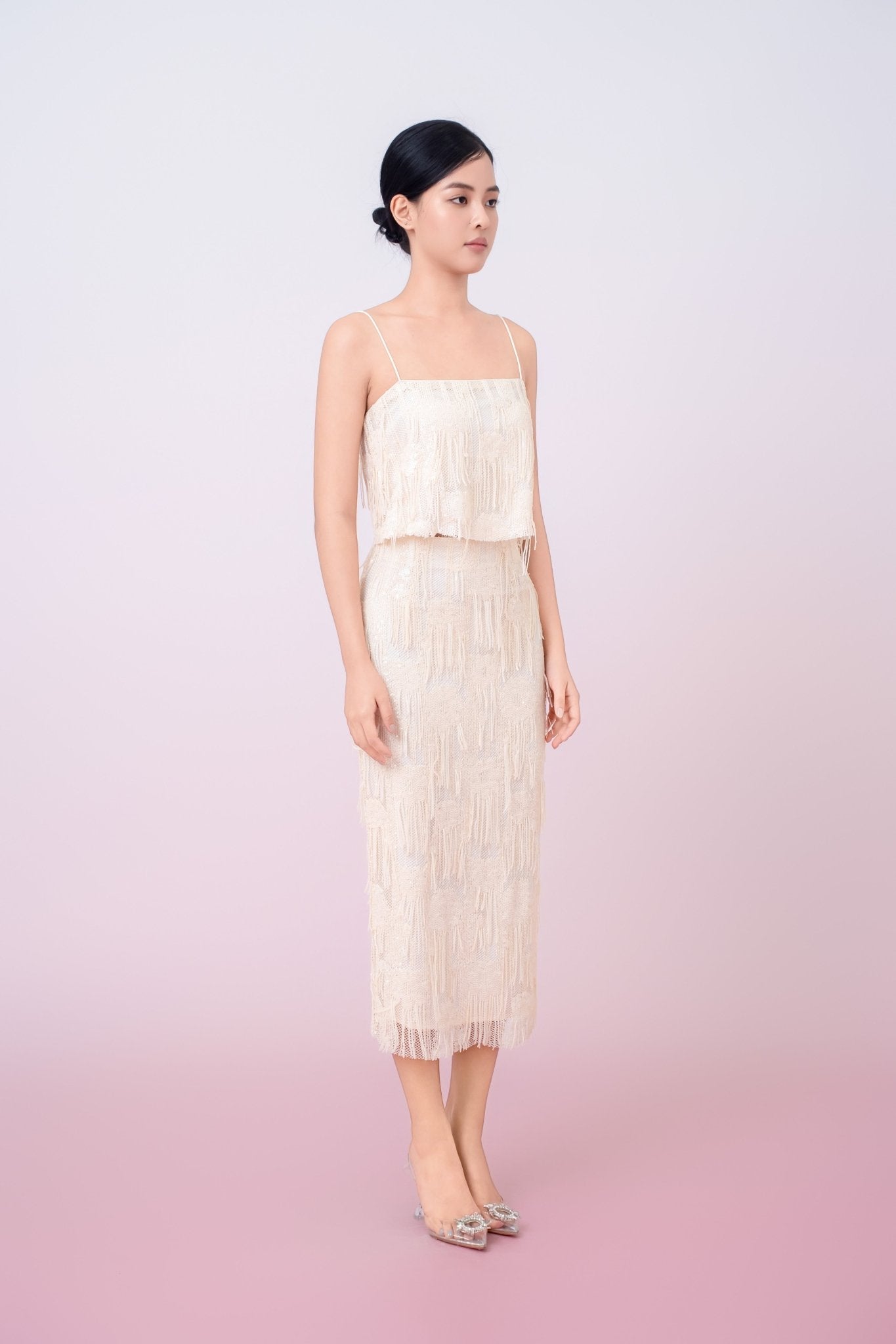 Gabriellen Beige Fringe Pencil Skirt - Nimisski