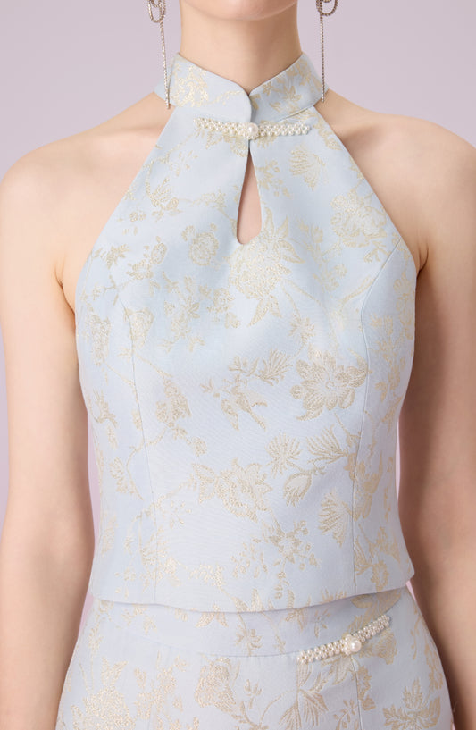 Gilana Light Blue Jacquard Halter Top