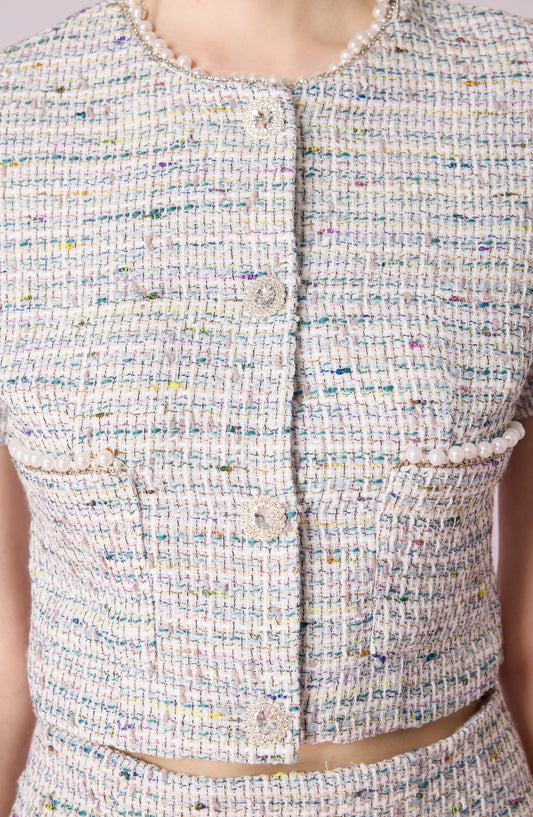 Jackqueline Teal White Tweed Top