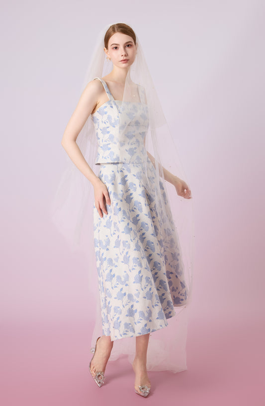 Giuseppina White With Rose Print A-Line Skirt