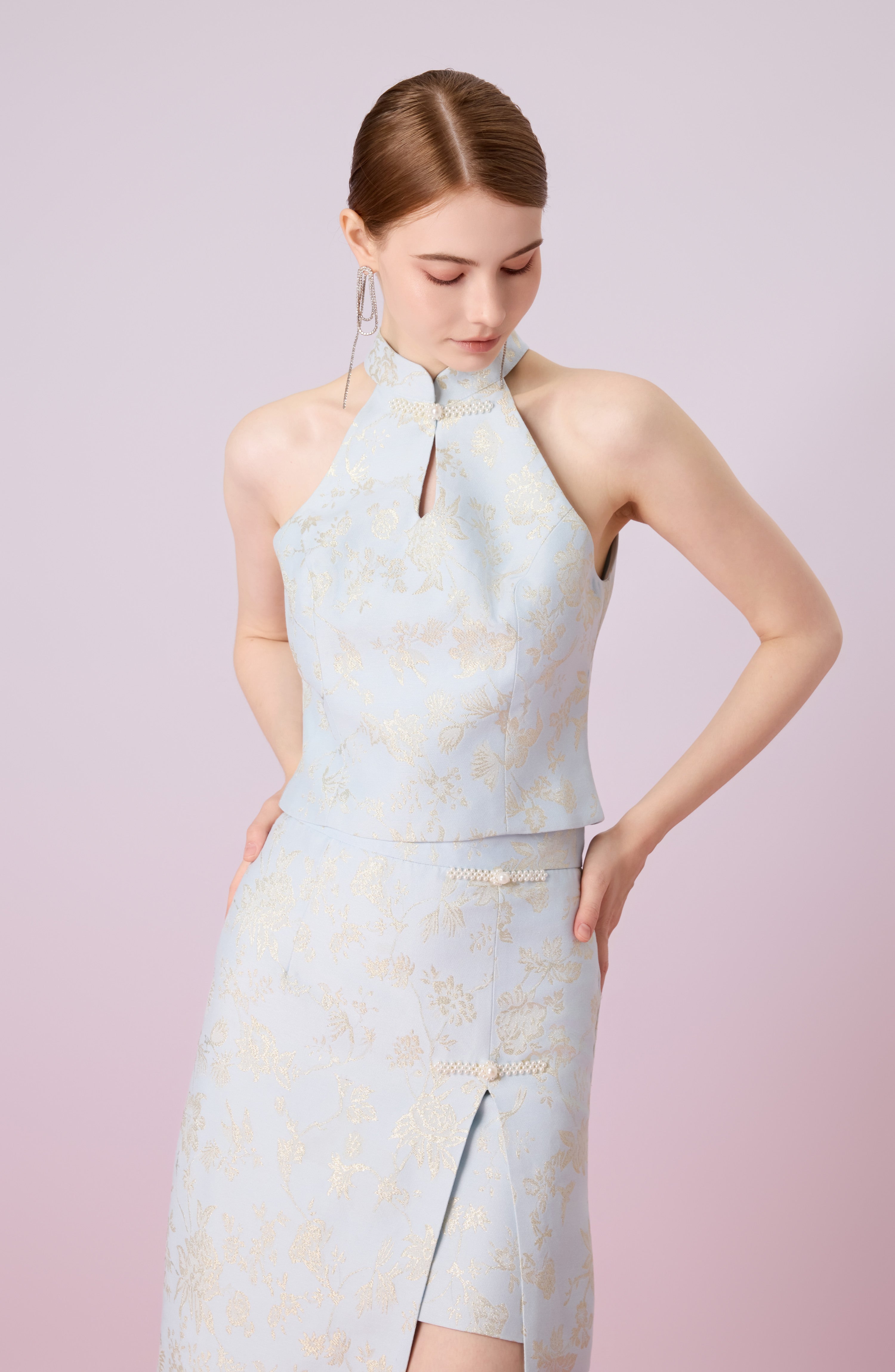 Gilana Light Blue Jacquard Halter Top