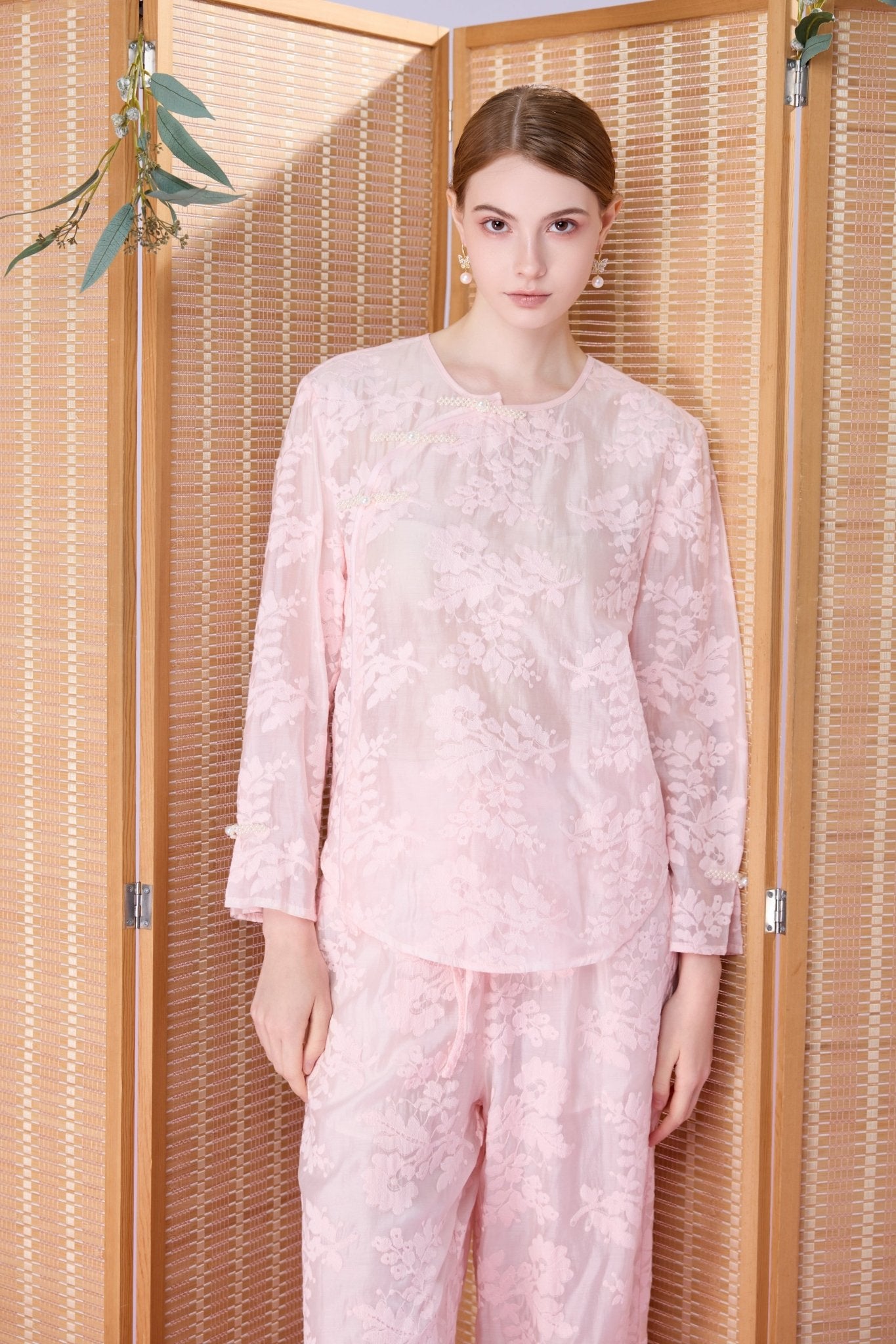 Gelilah Pink Lace Mandarin Collar Top - Nimisski