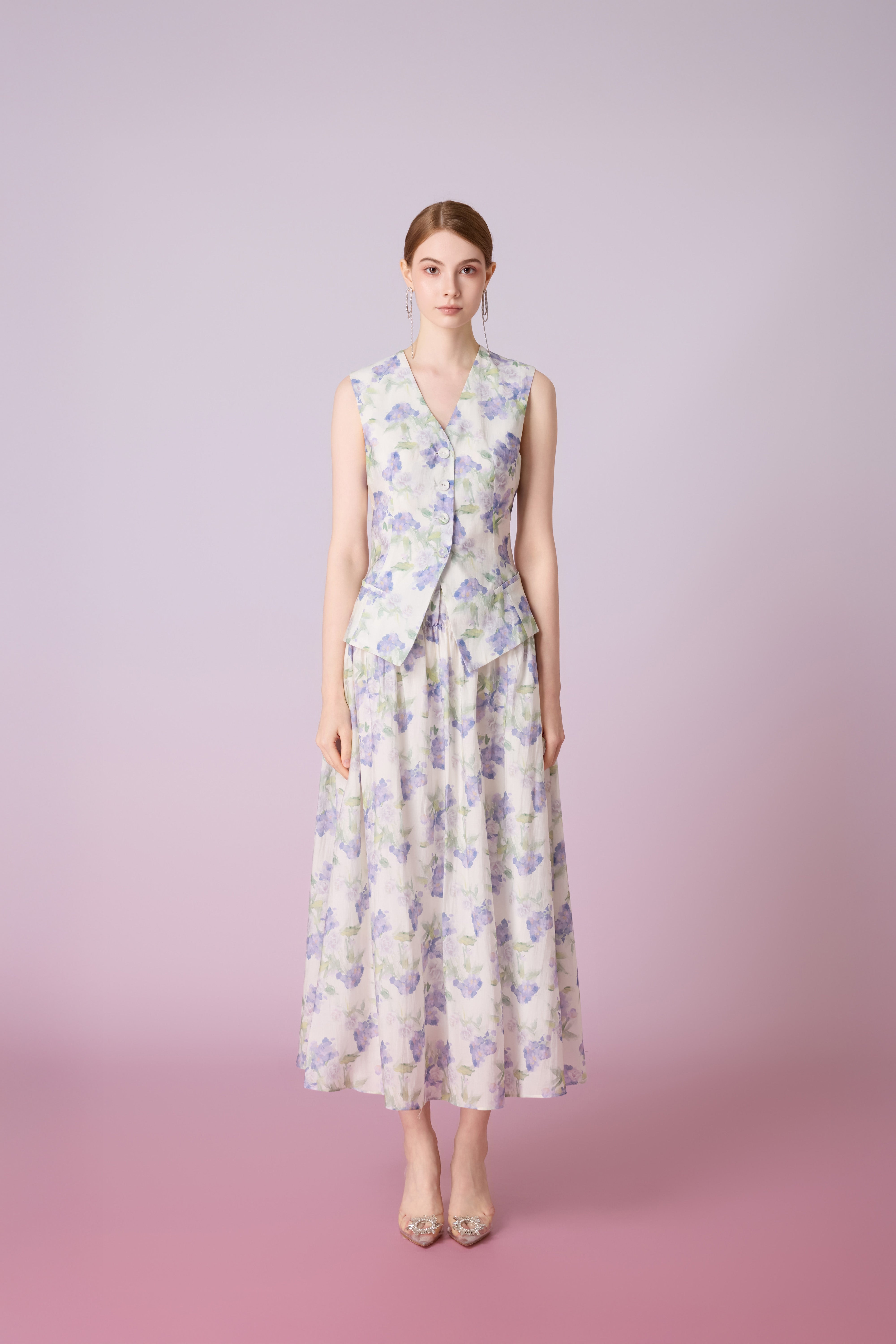Jaculine White With Purple Flower Print Skirt