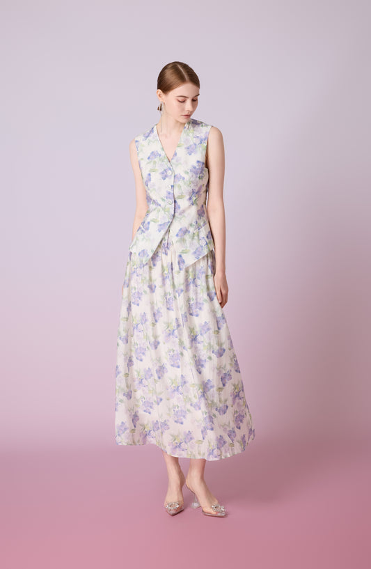 Jaculine White With Purple Flower Print Skirt