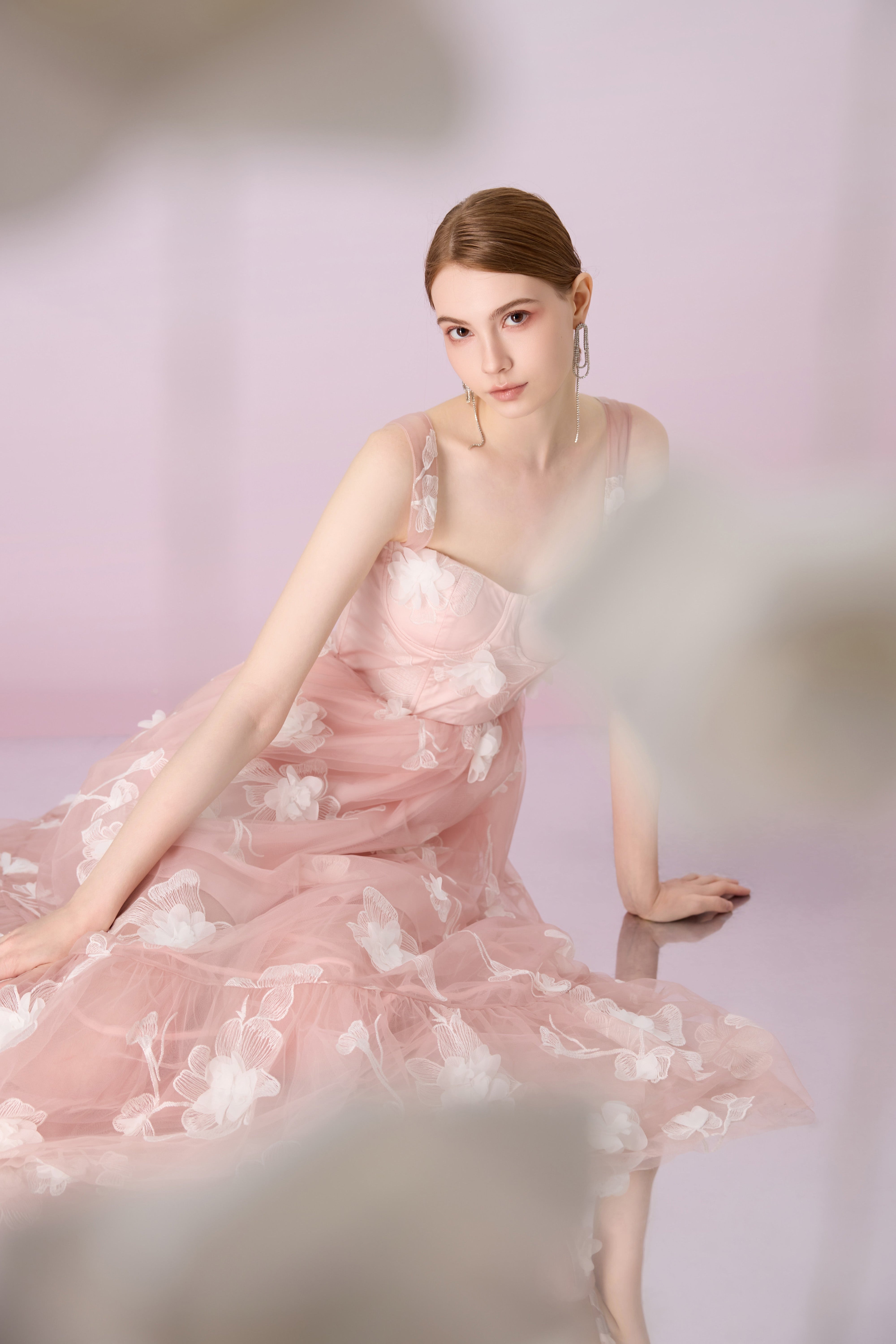 Freddi Pink 3D Flower Long Dress