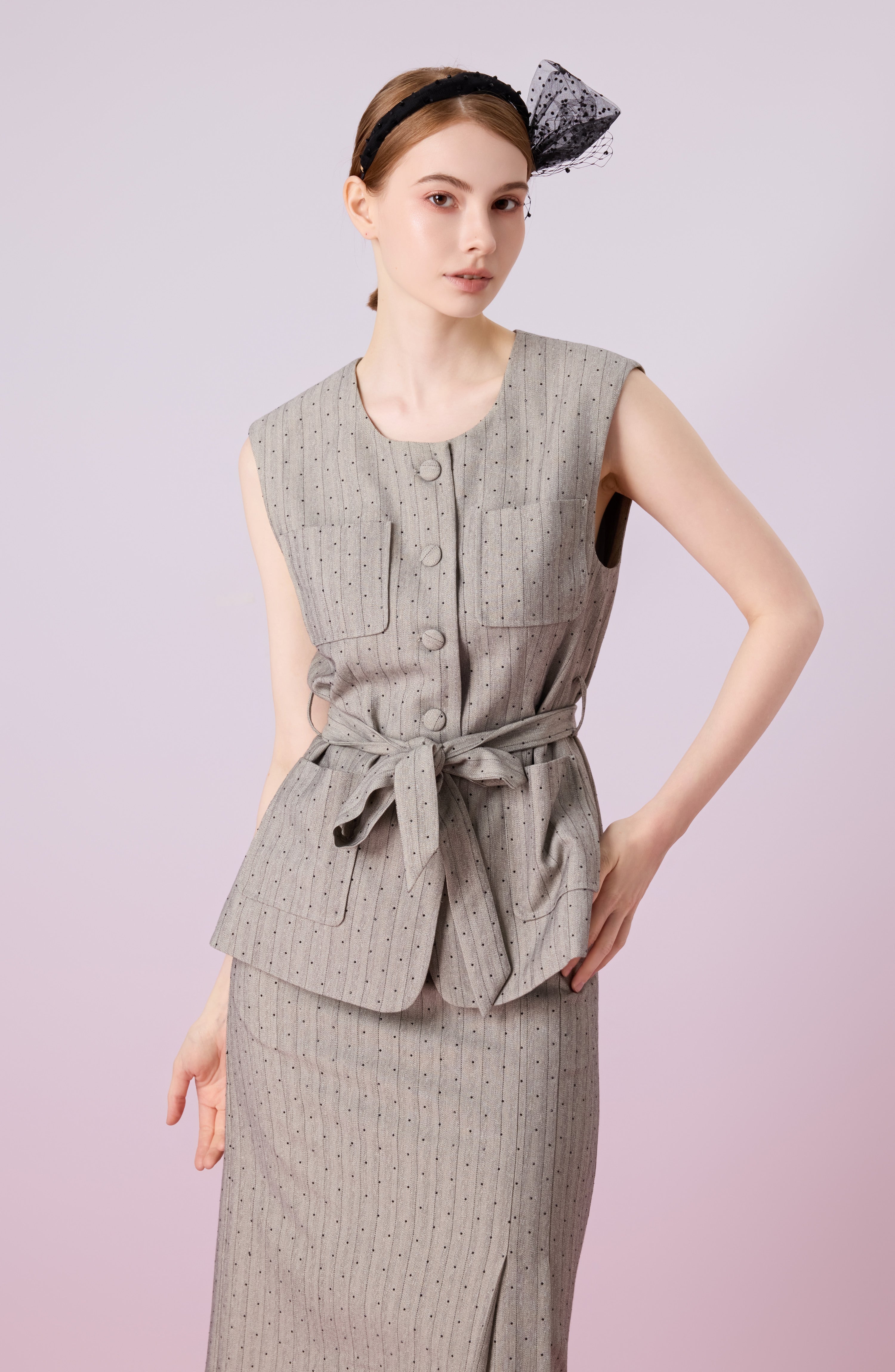 Jeanne Grey Front Tied Vest Jacket