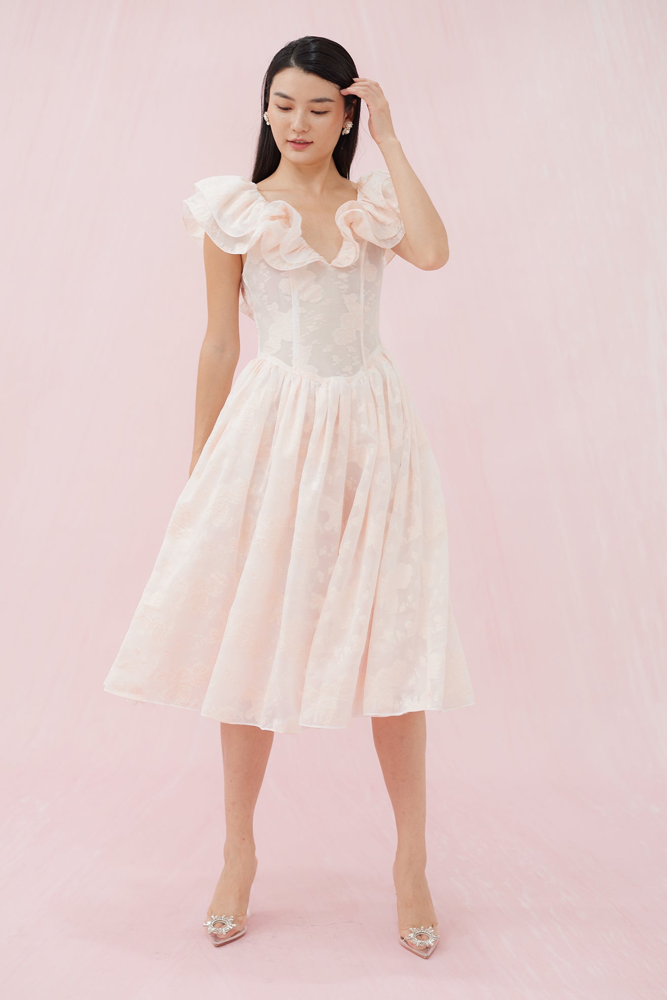 Gabrielle Pink Flower Jacquard Dress - Nimisski