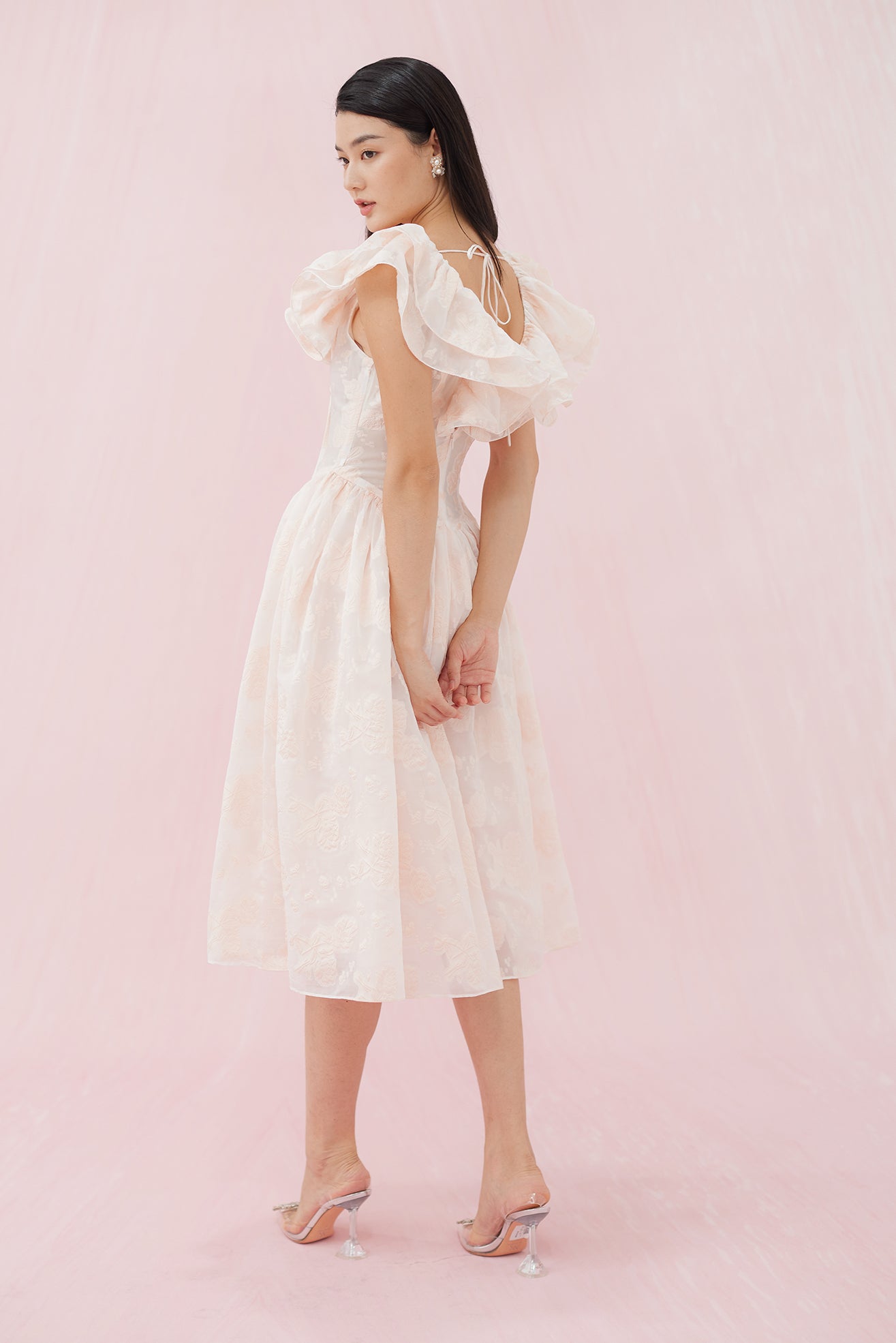 Gabrielle Pink Flower Jacquard Dress - Nimisski