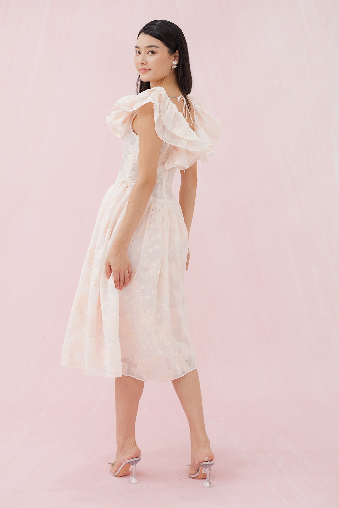 Gabrielle Pink Flower Jacquard Dress - Nimisski