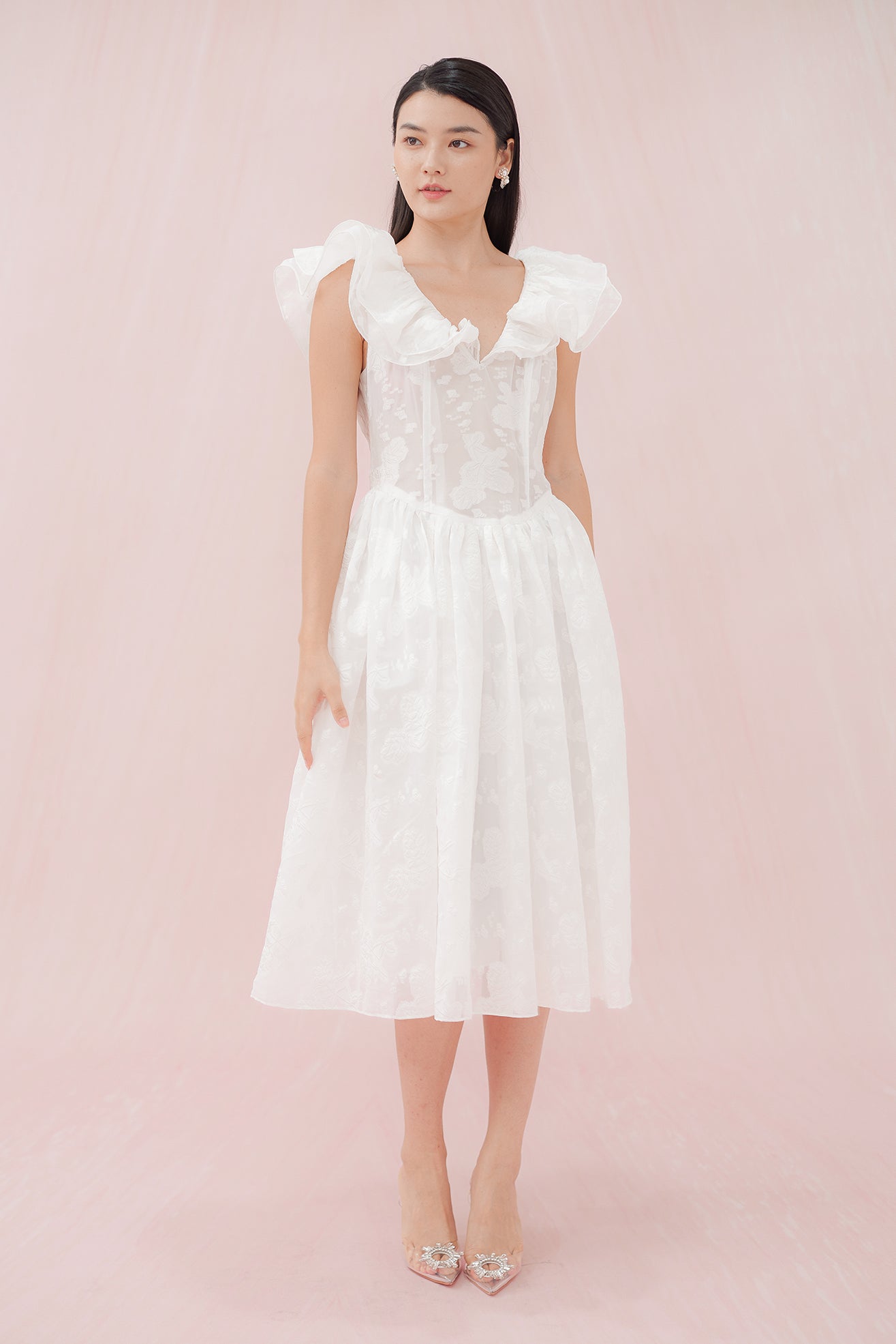 Gabrielle White Flower Jacquard Dress - Nimisski