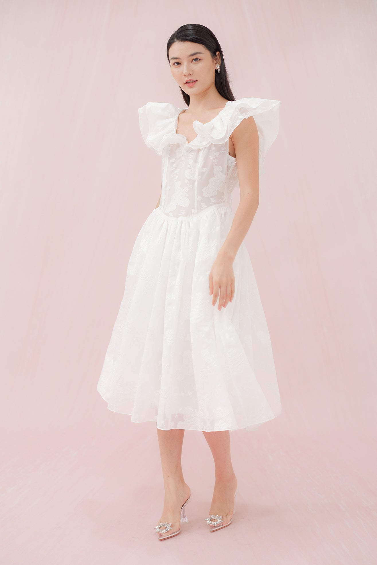 Gabrielle White Flower Jacquard Dress - Nimisski