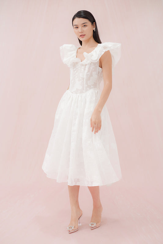 Gabrielle White Flower Jacquard Dress - Nimisski