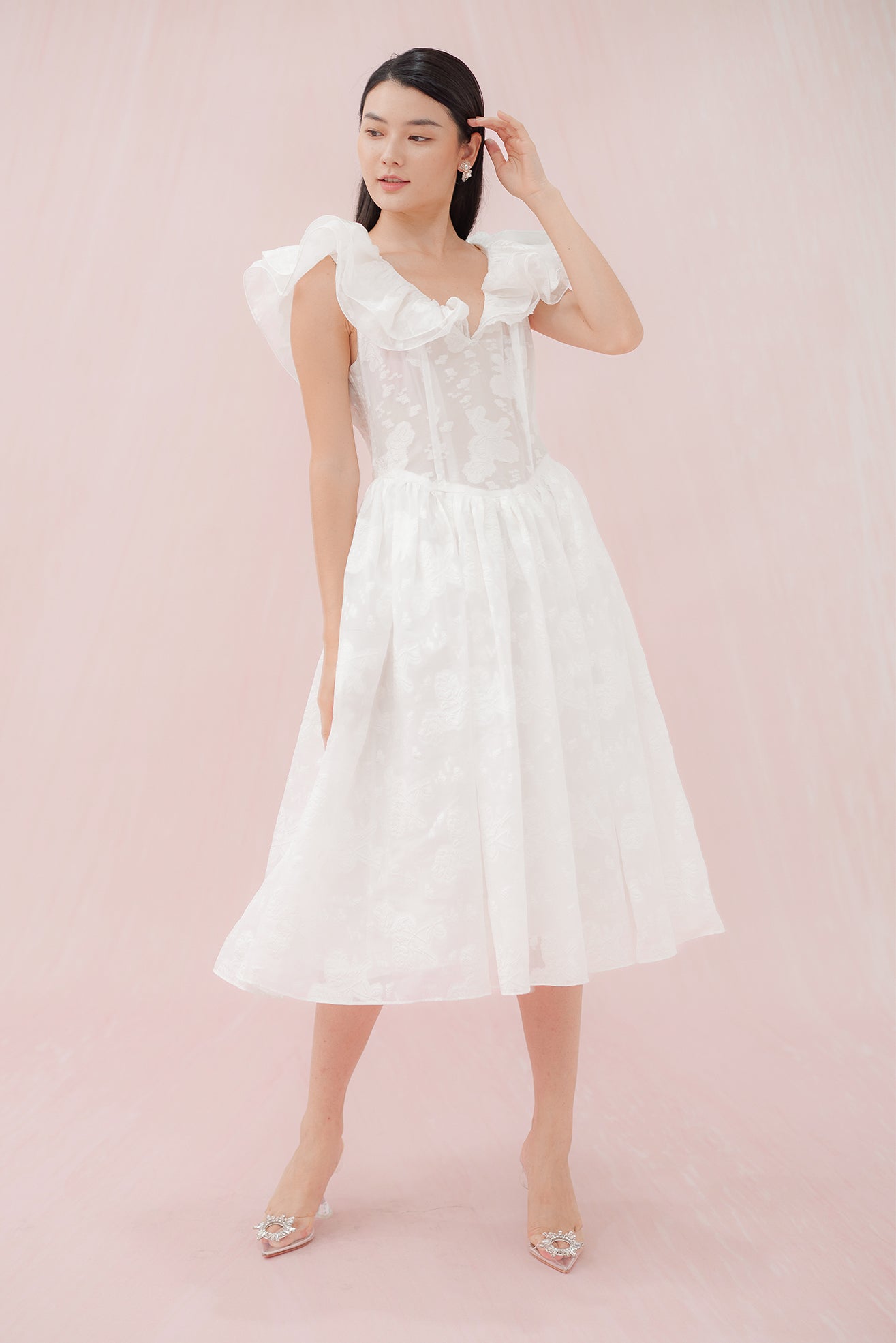 Gabrielle White Flower Jacquard Dress - Nimisski