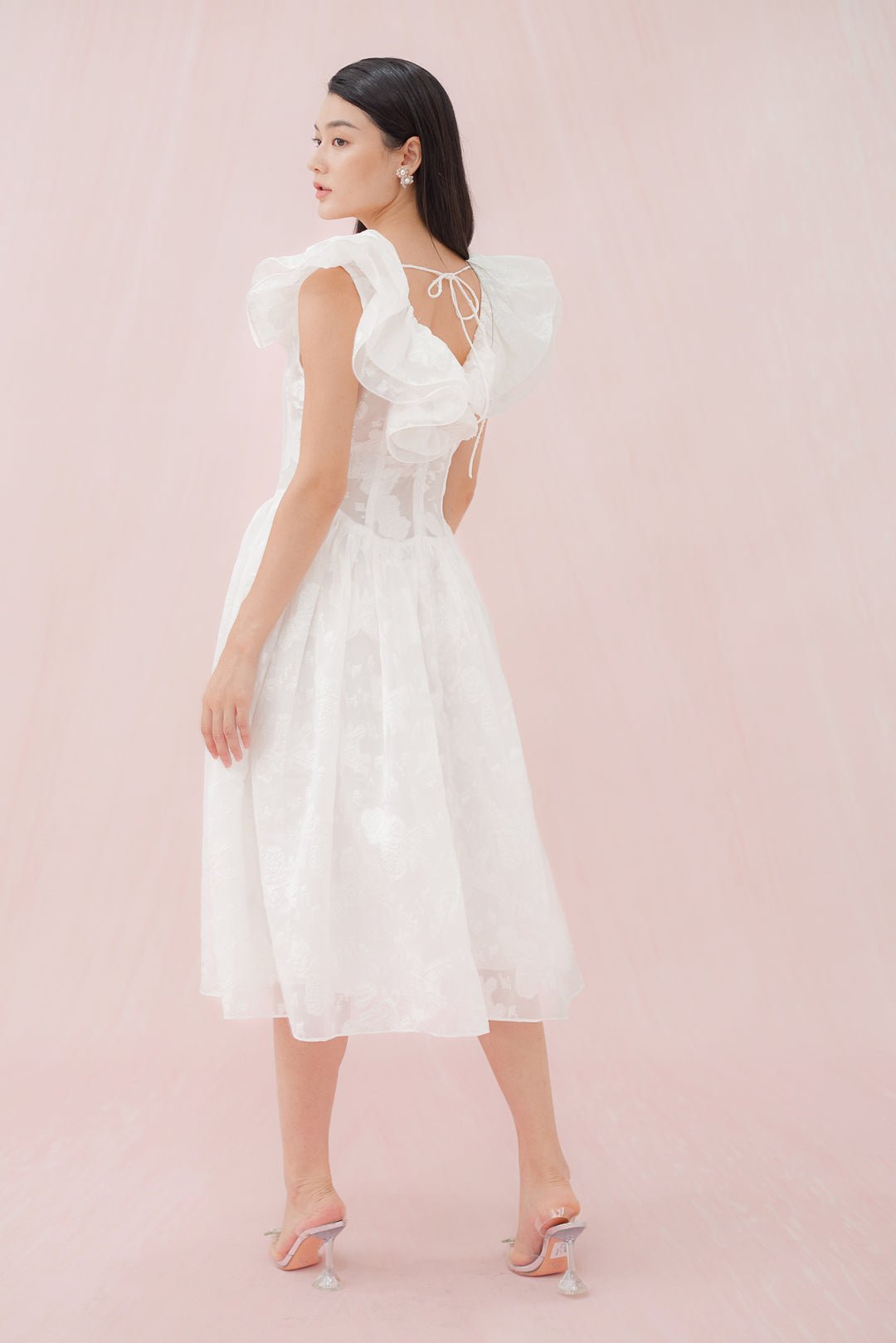 Gabrielle White Flower Jacquard Dress - Nimisski