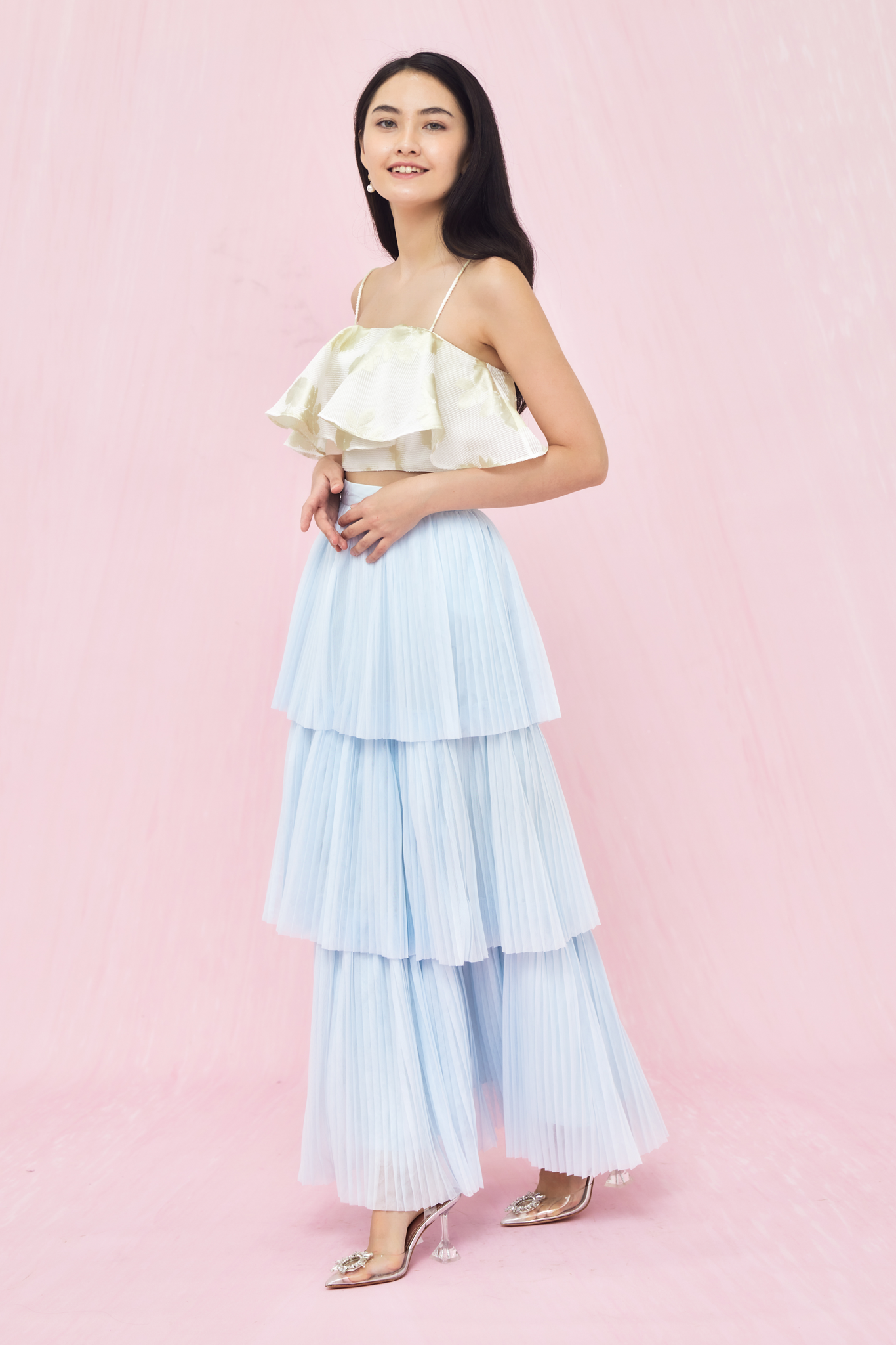 Geniffer Light Blue Tiered Tulle Long Skirt