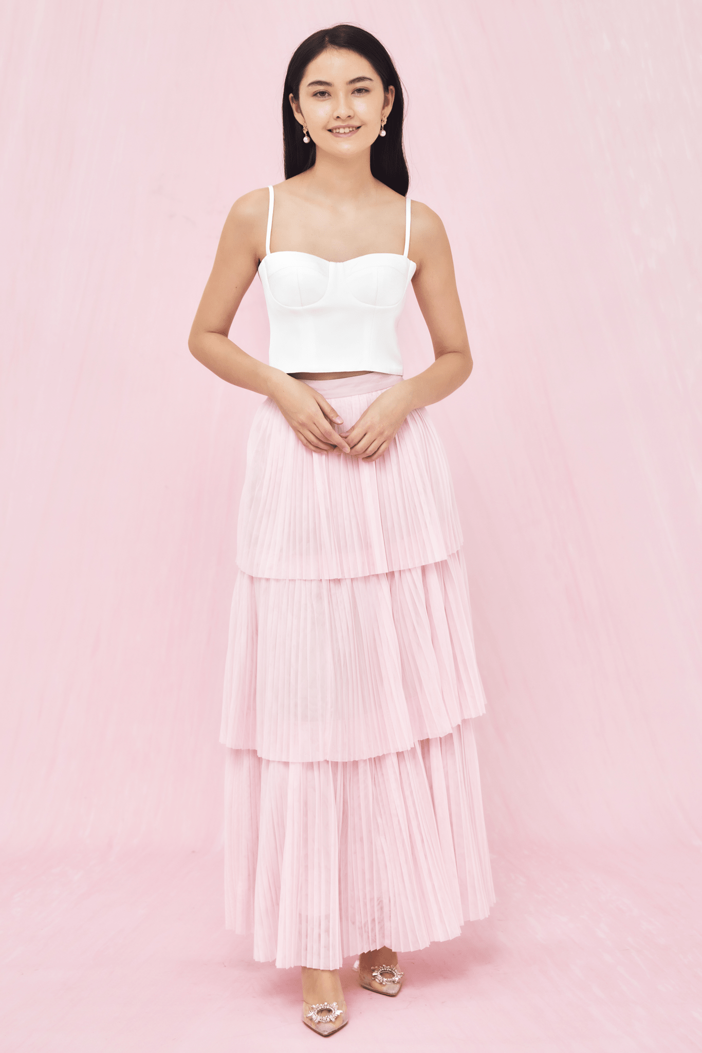 Geniffer Light Pink Tiered Tulle Long Skirt - Nimisski