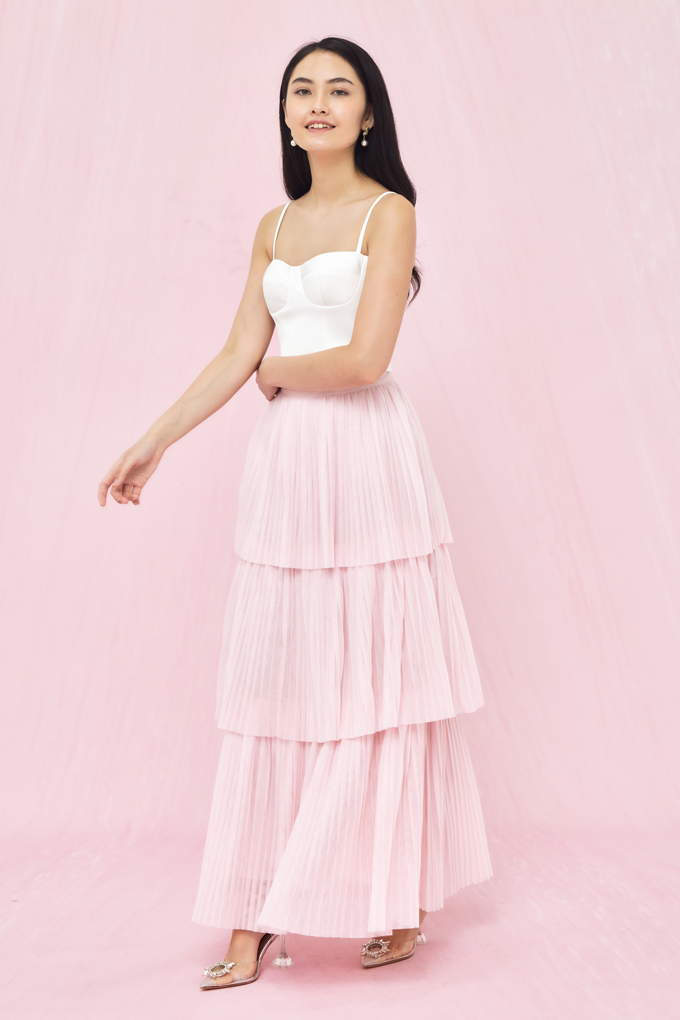 Geniffer Light Pink Tiered Tulle Long Skirt