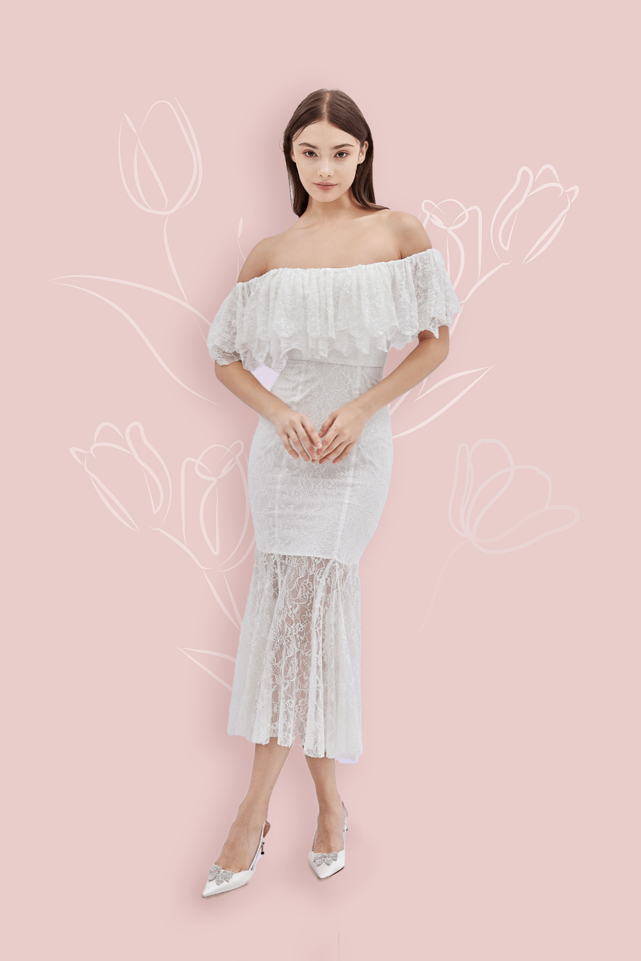 Geraldin White Lace Long Dress - Nimisski