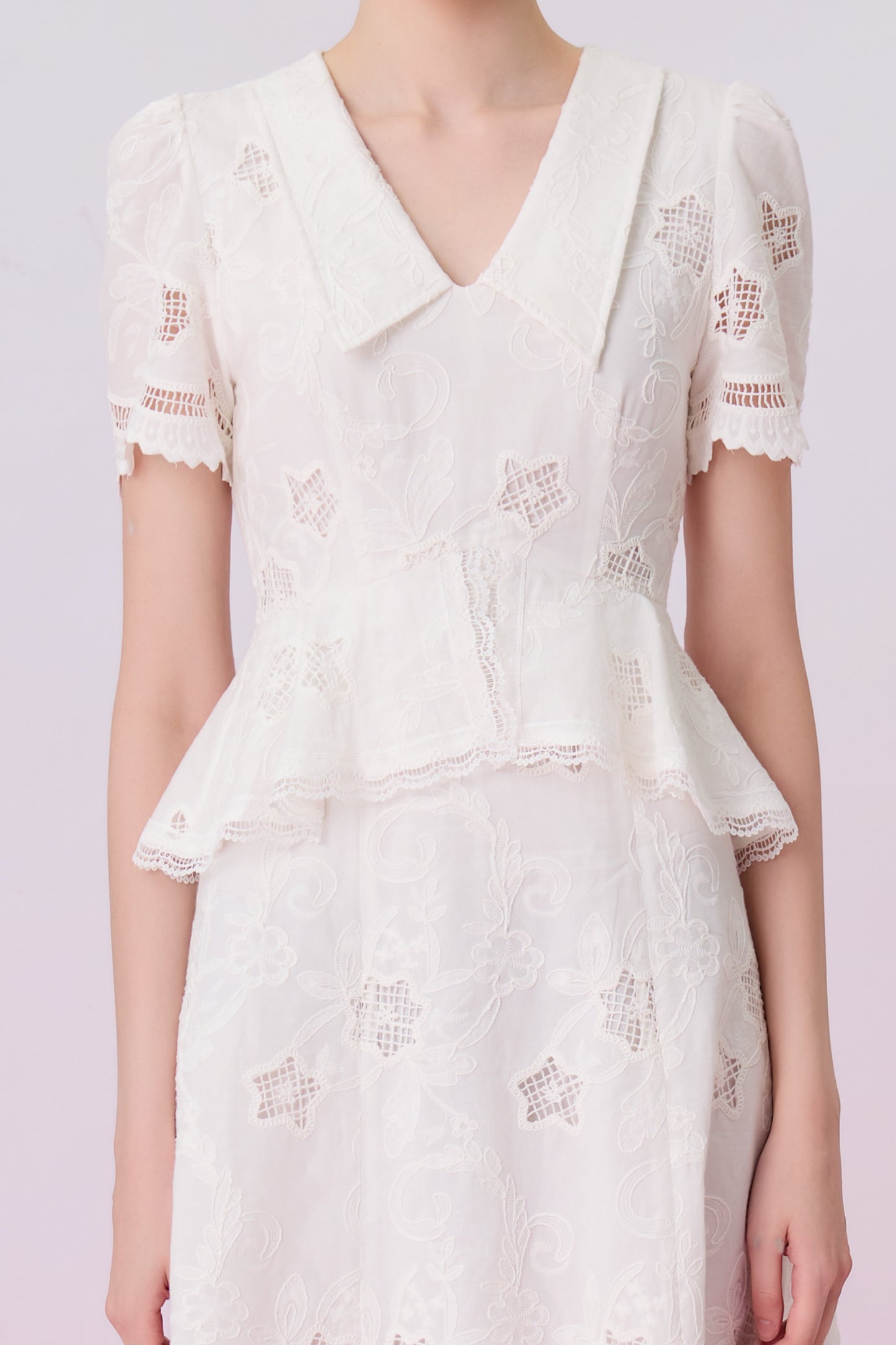 Kalia White Embroidered Lace Peplum Midi Dress