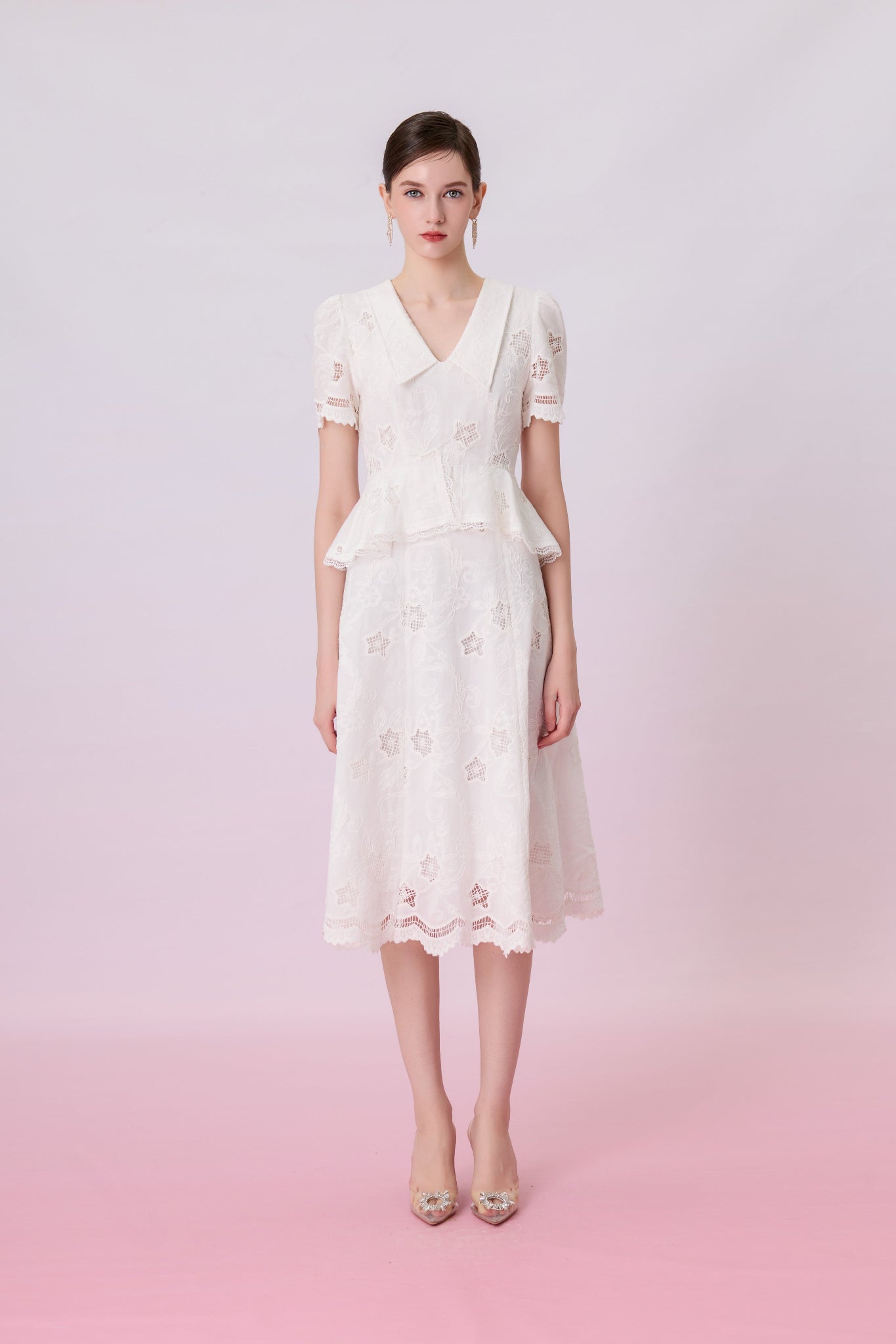Kalia White Embroidered Lace Peplum Midi Dress