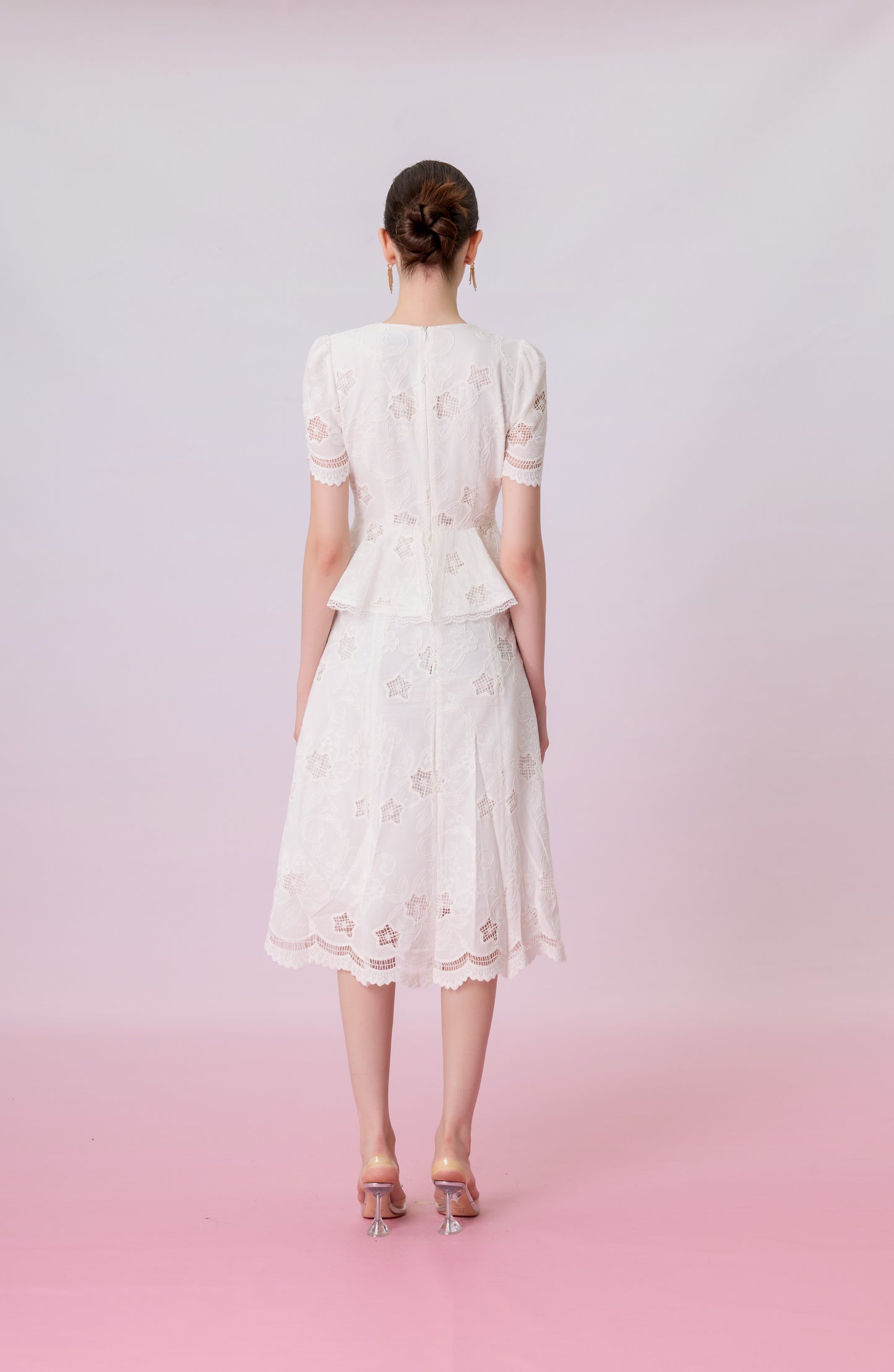 Kalia White Embroidered Lace Peplum Midi Dress