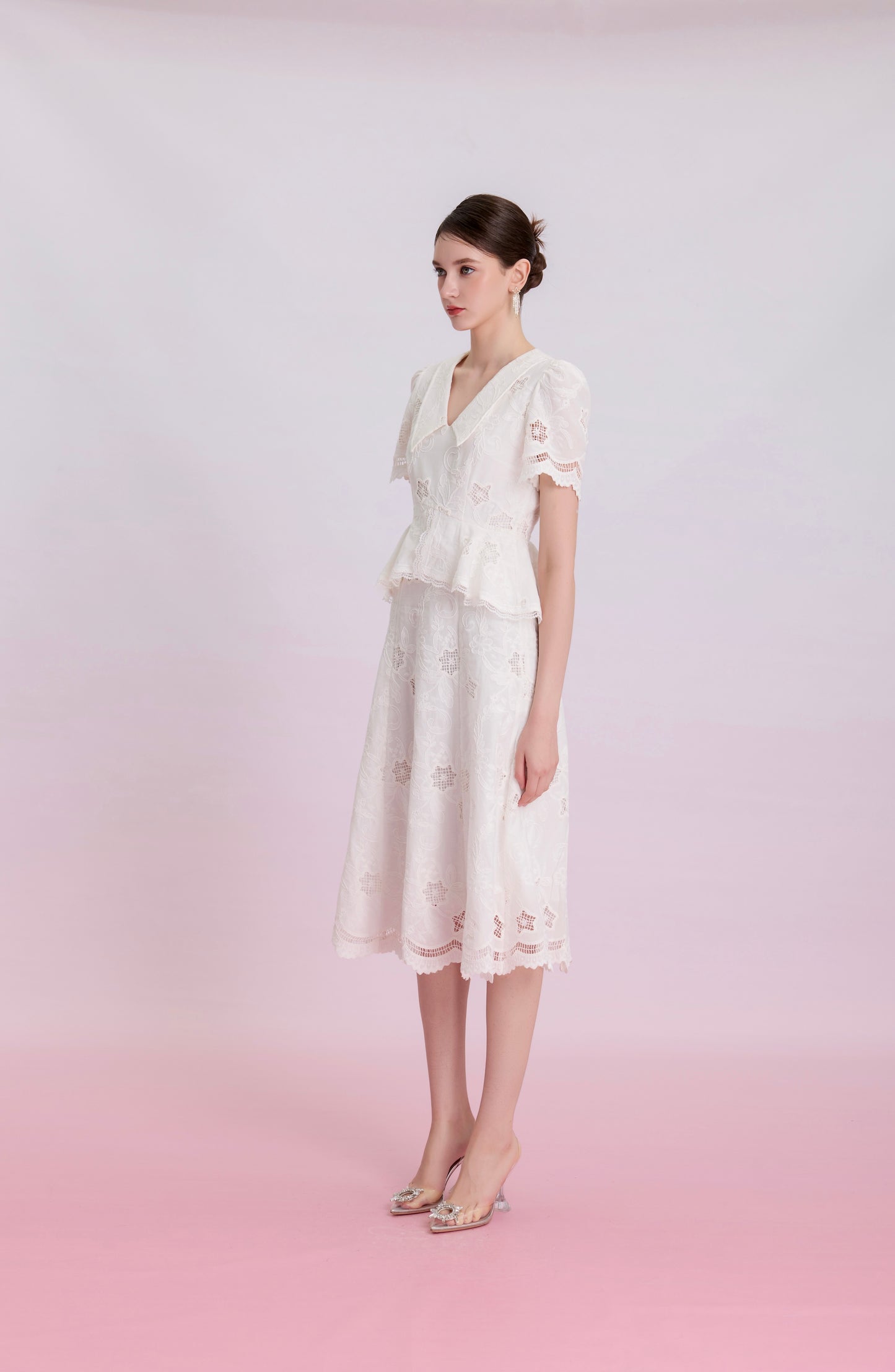Kalia White Embroidered Lace Peplum Midi Dress