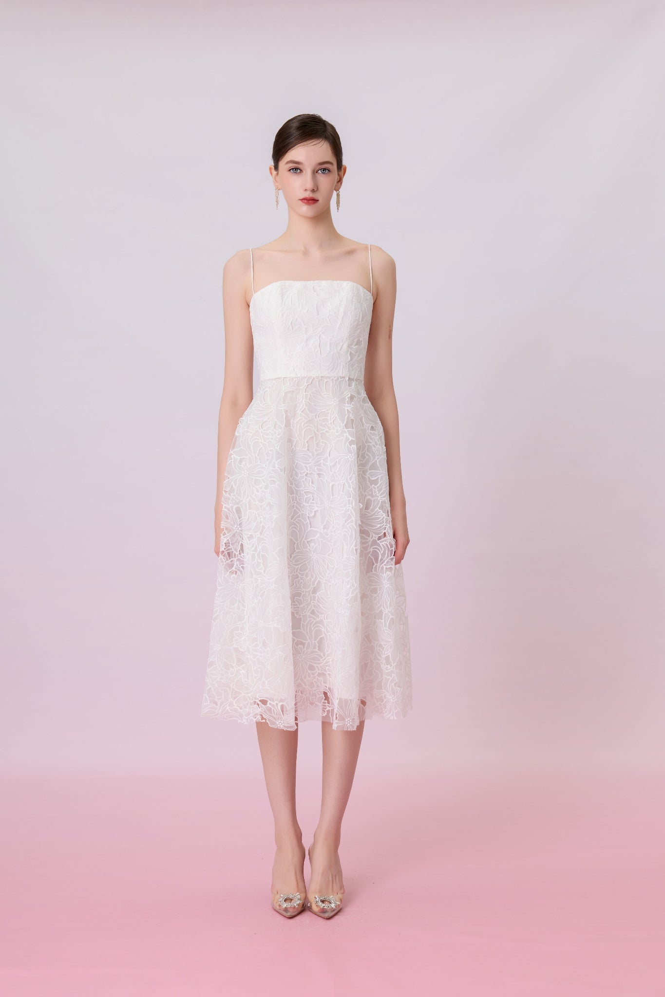 Juelline White Embroidered Mesh Long Dress - Nimisski