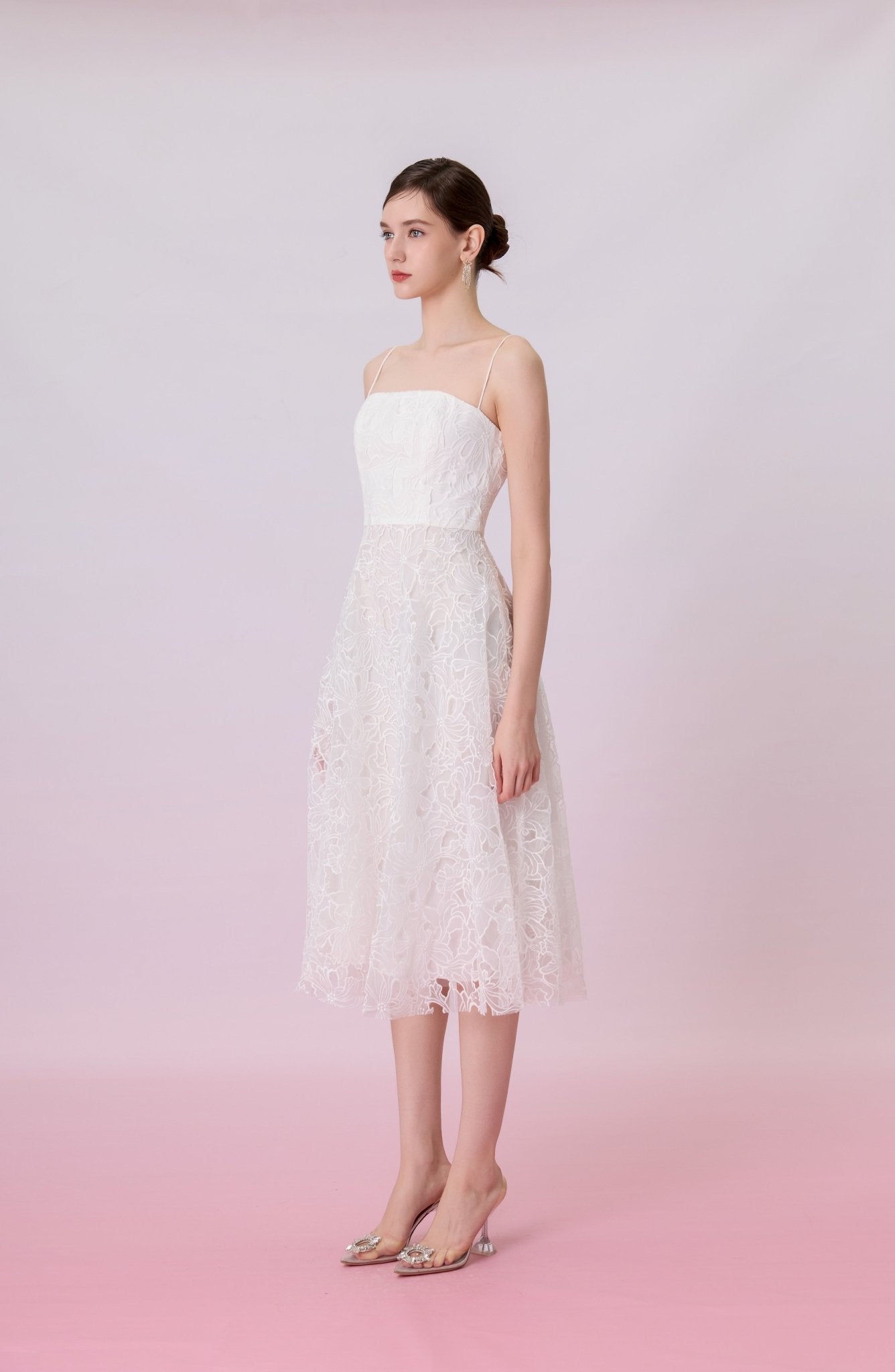 Juelline White Embroidered Mesh Long Dress - Nimisski