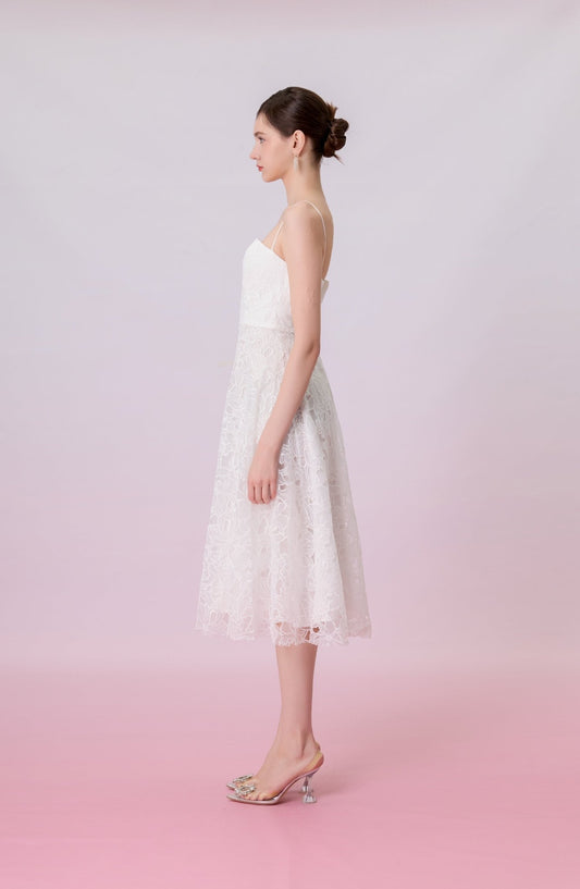 Juelline White Embroidered Mesh Long Dress - Nimisski