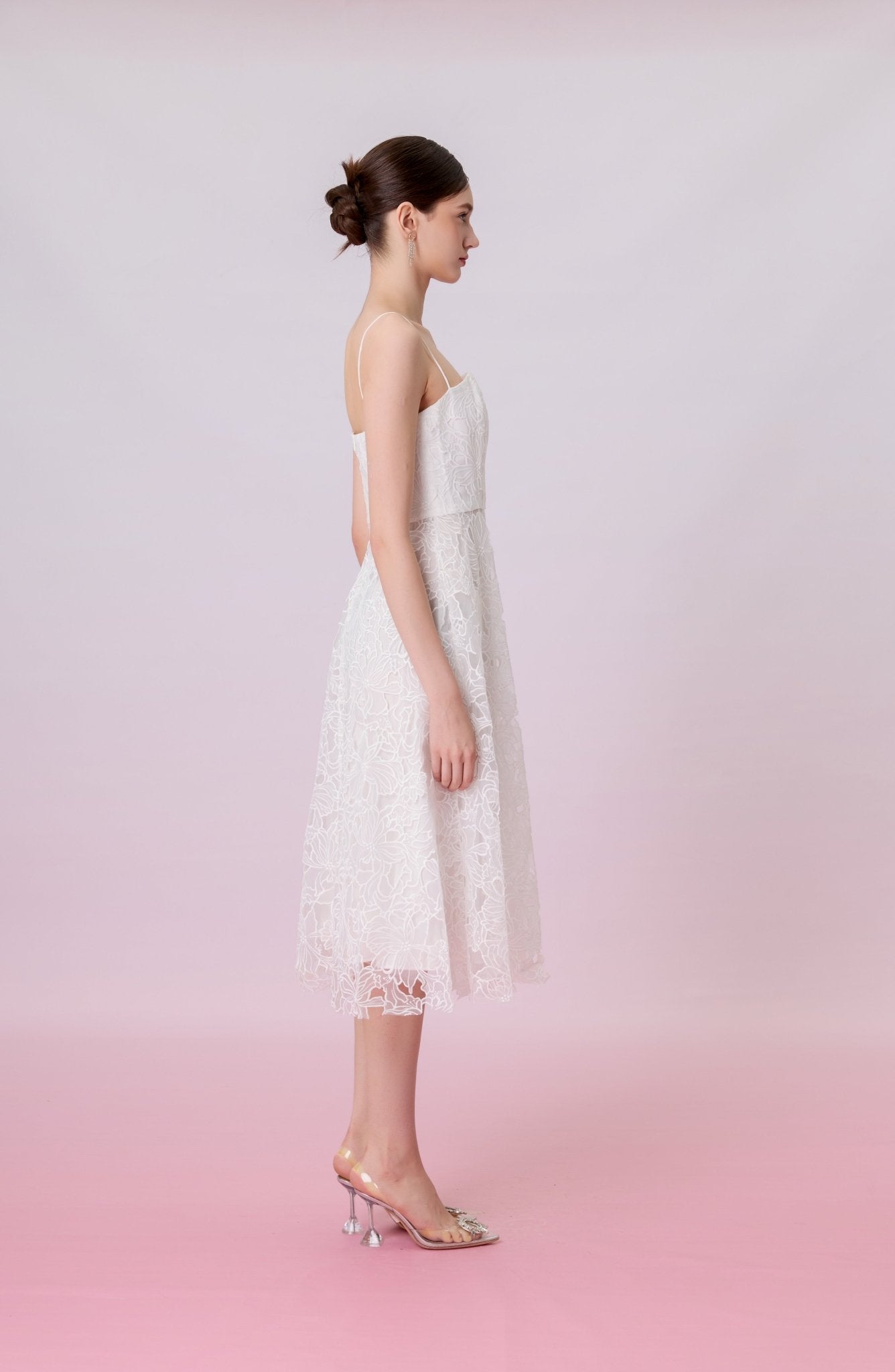 Juelline White Embroidered Mesh Long Dress - Nimisski
