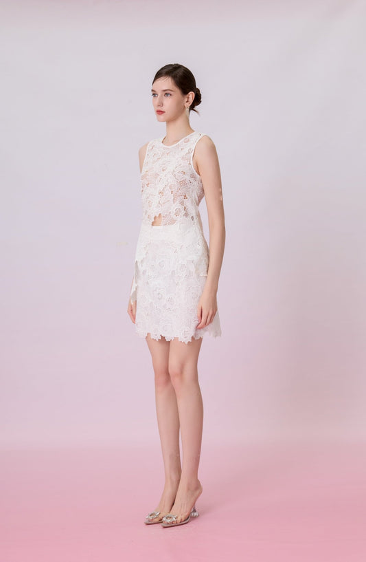 Glenette White Floral Lace Skirt - Nimisski