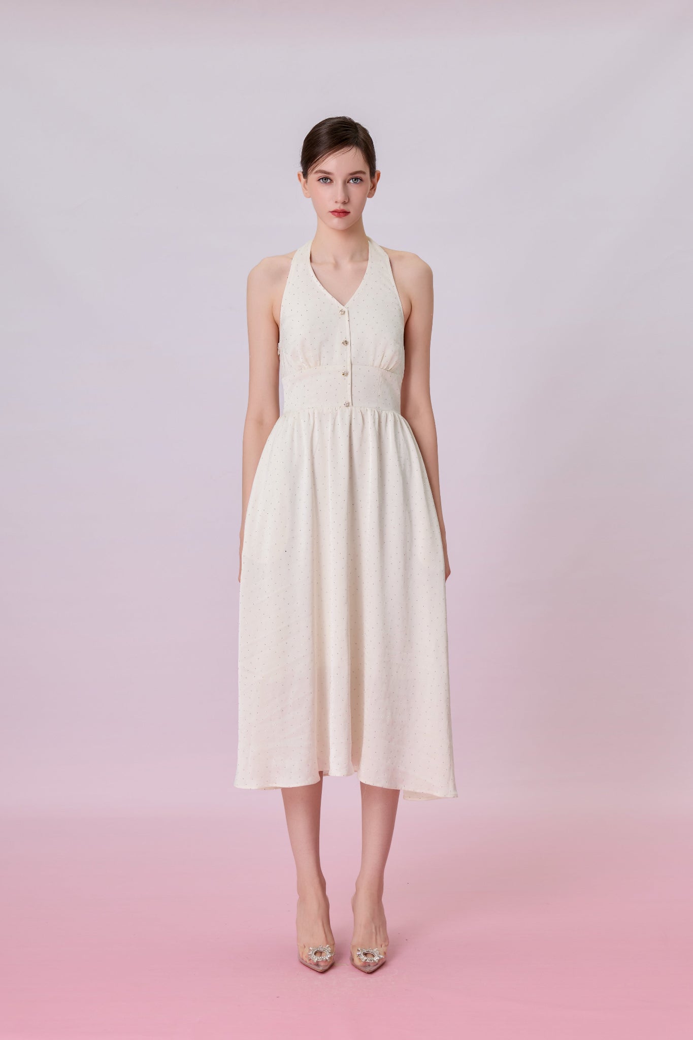 Genivieve Cream Twinkle Button Halter Dress
