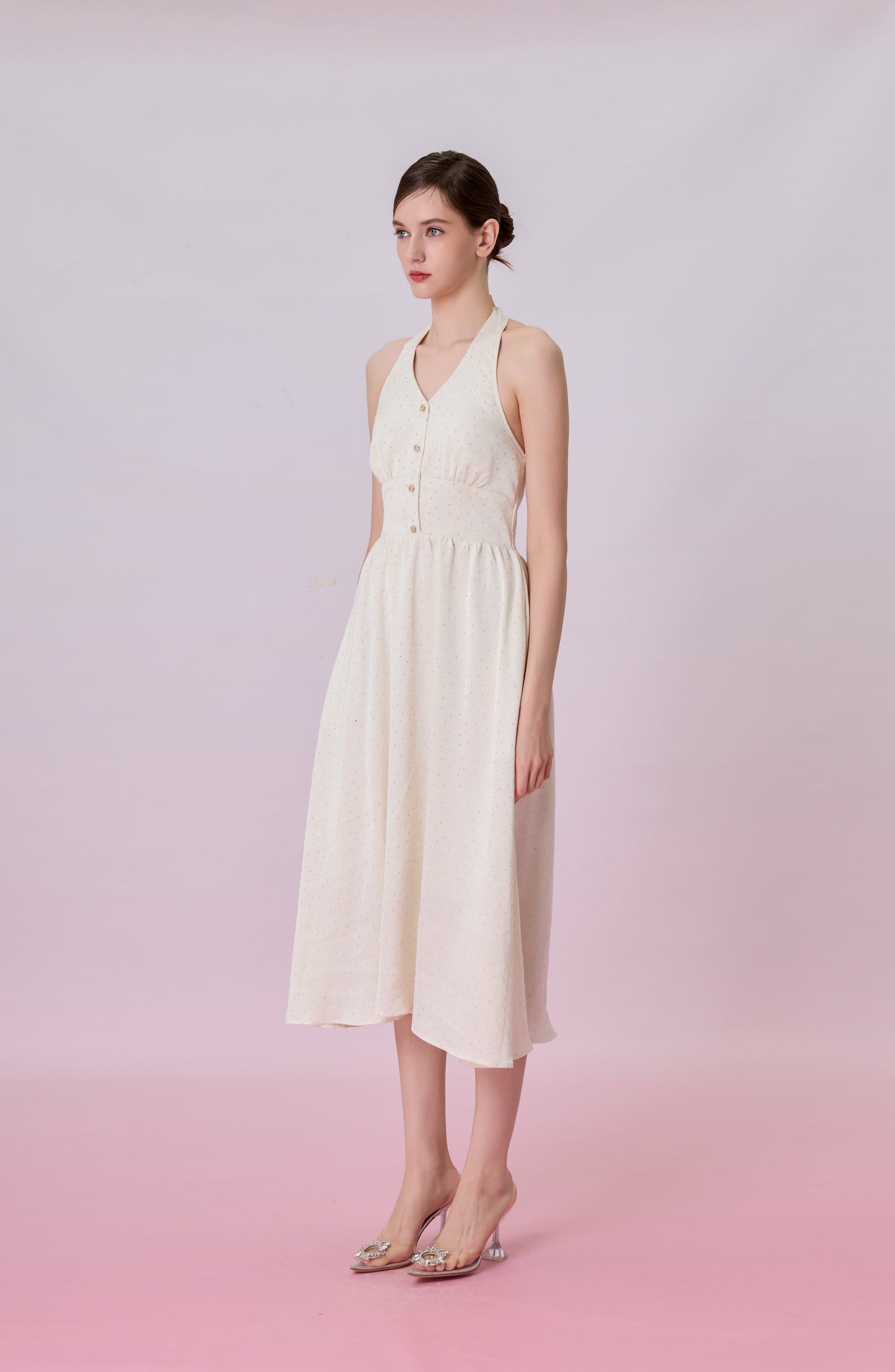 Genivieve Cream Twinkle Button Halter Dress