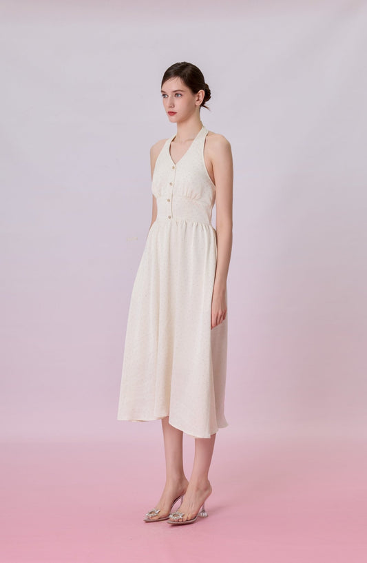 Genivieve Cream Twinkle Button Halter Dress - Nimisski