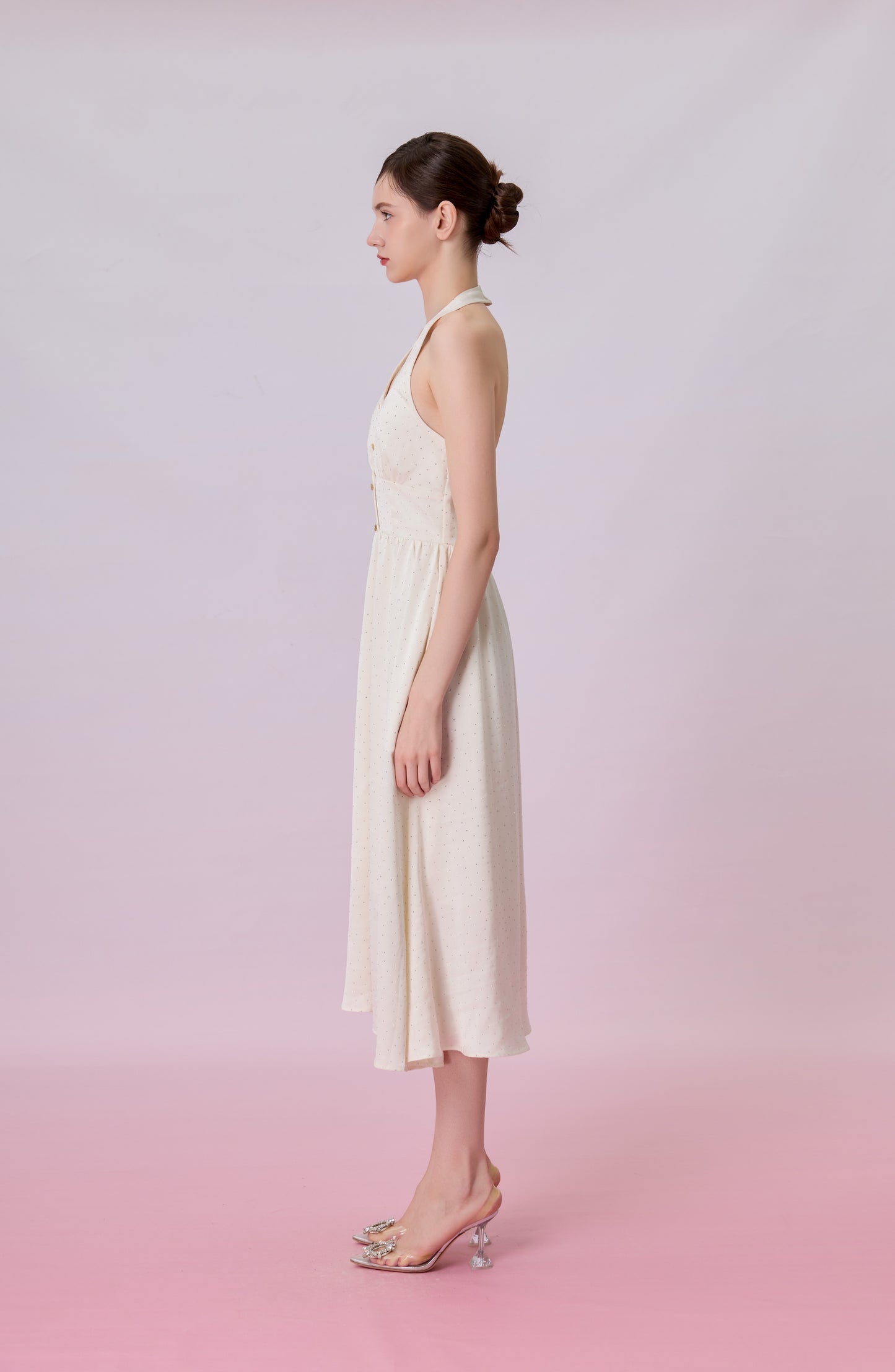 Genivieve Cream Twinkle Button Halter Dress