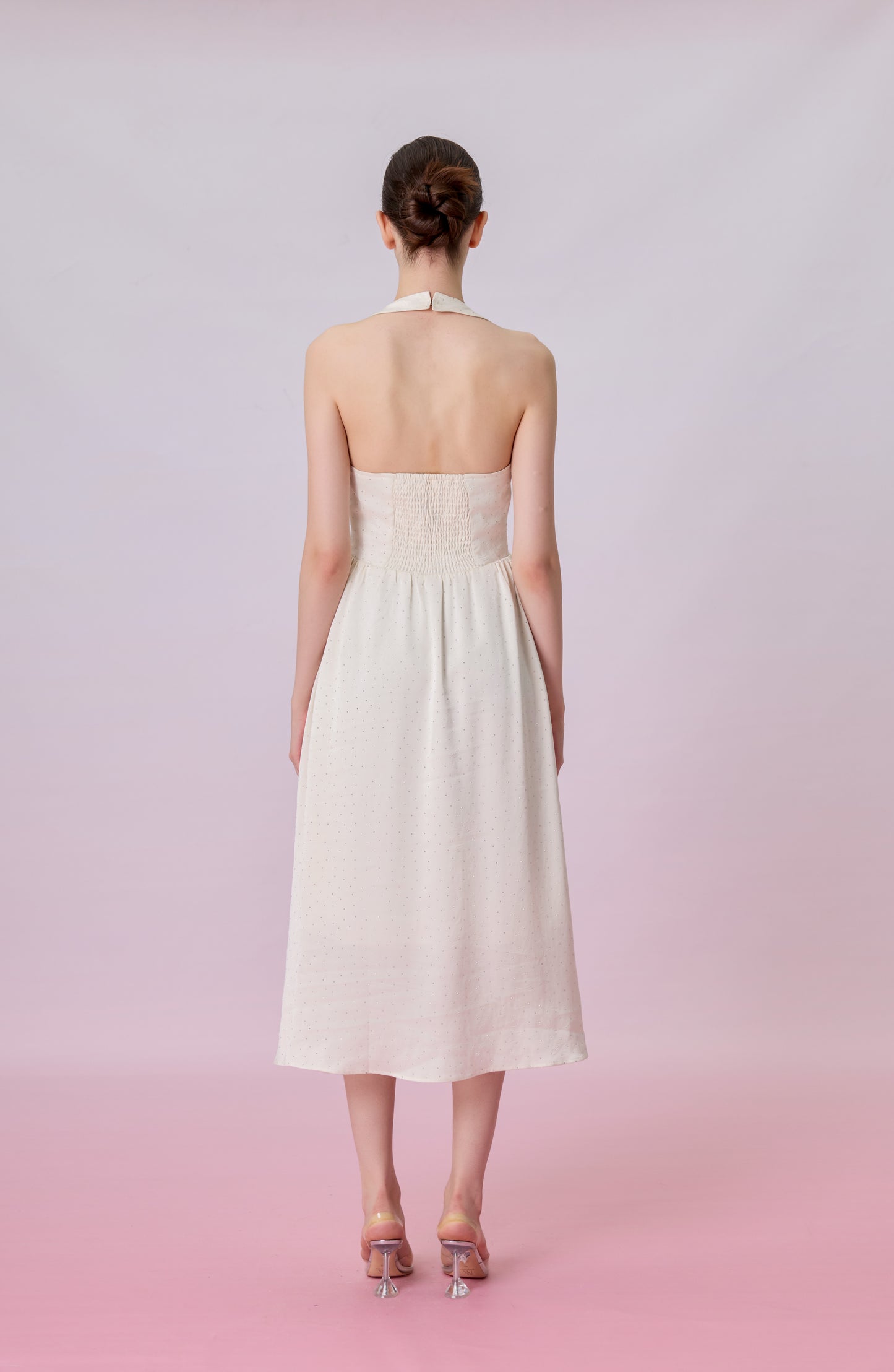 Genivieve Cream Twinkle Button Halter Dress