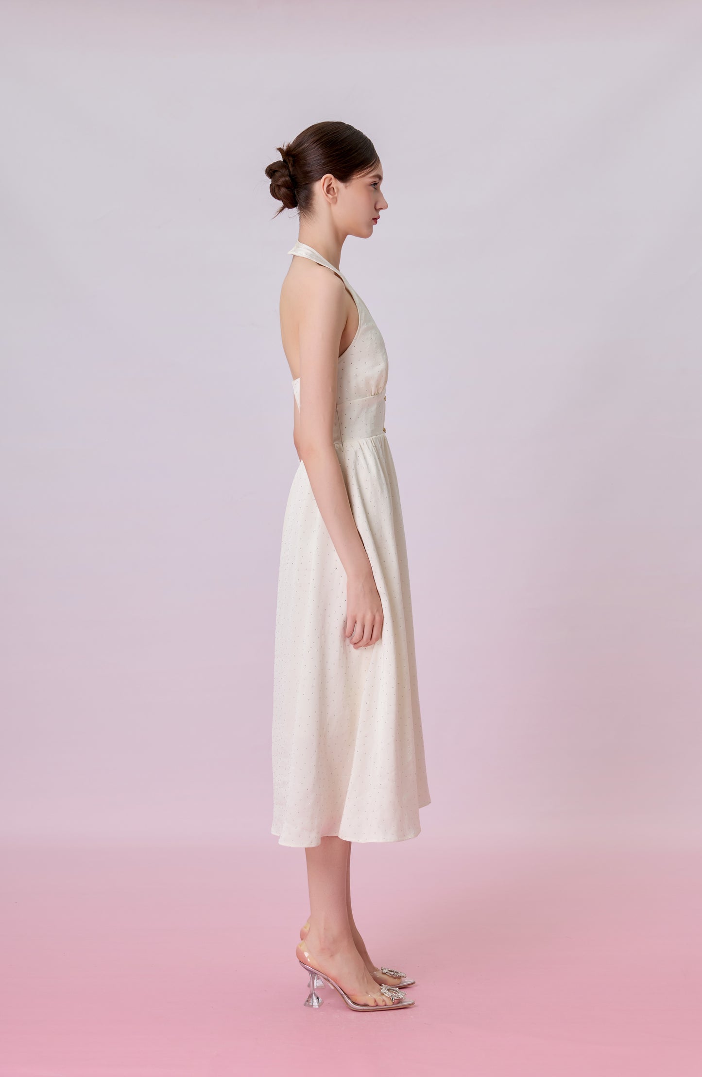 Genivieve Cream Twinkle Button Halter Dress
