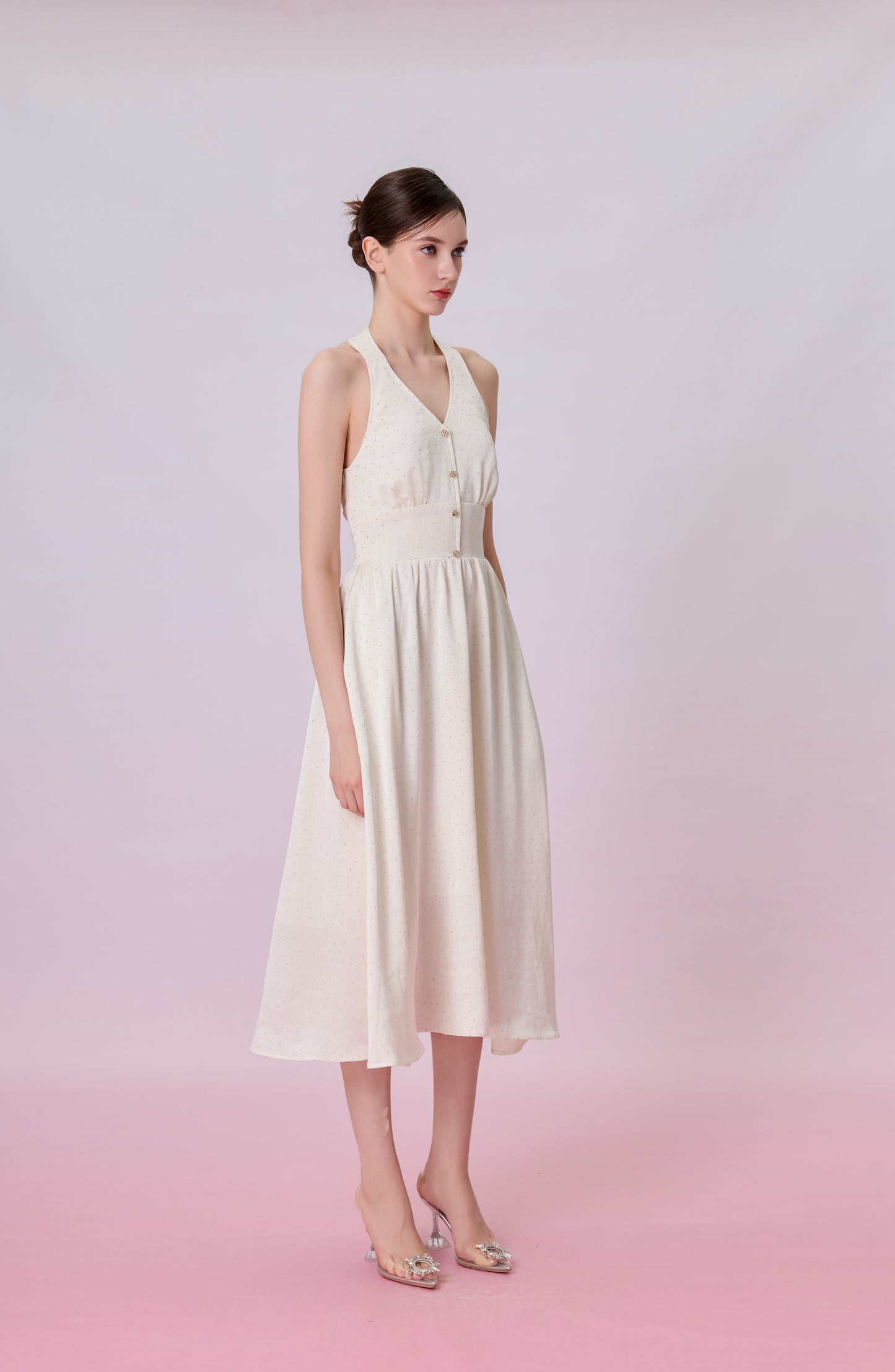 Genivieve Cream Twinkle Button Halter Dress