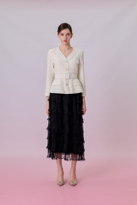 Kassandra Ivory Tweed With Embellishment Peplum Jacket - Nimisski